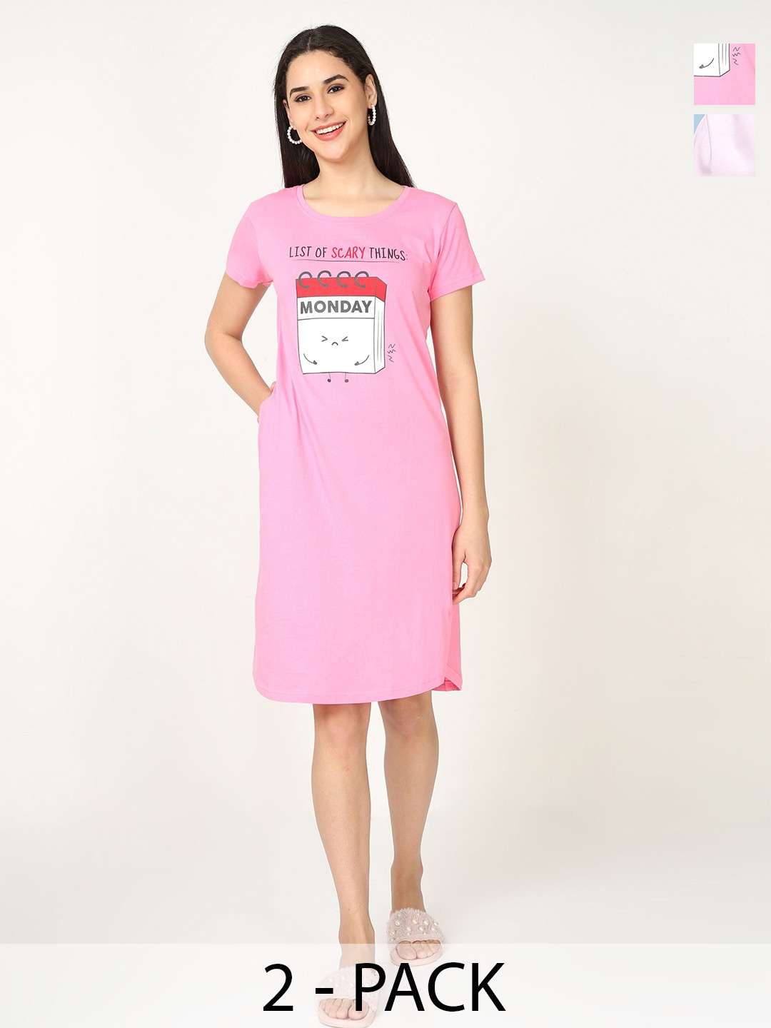 

9shines Label Pack of 2 Graphic Printed Pure Cotton T-shirt Nightdress, Pink