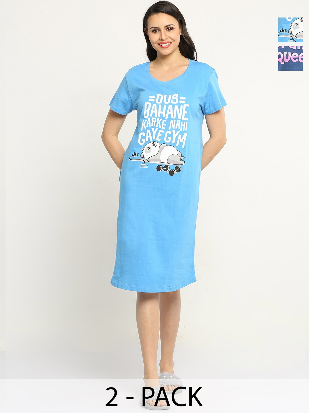 

9shines Label Pack Of 2 Printed Pure Cotton Nightdress, Blue