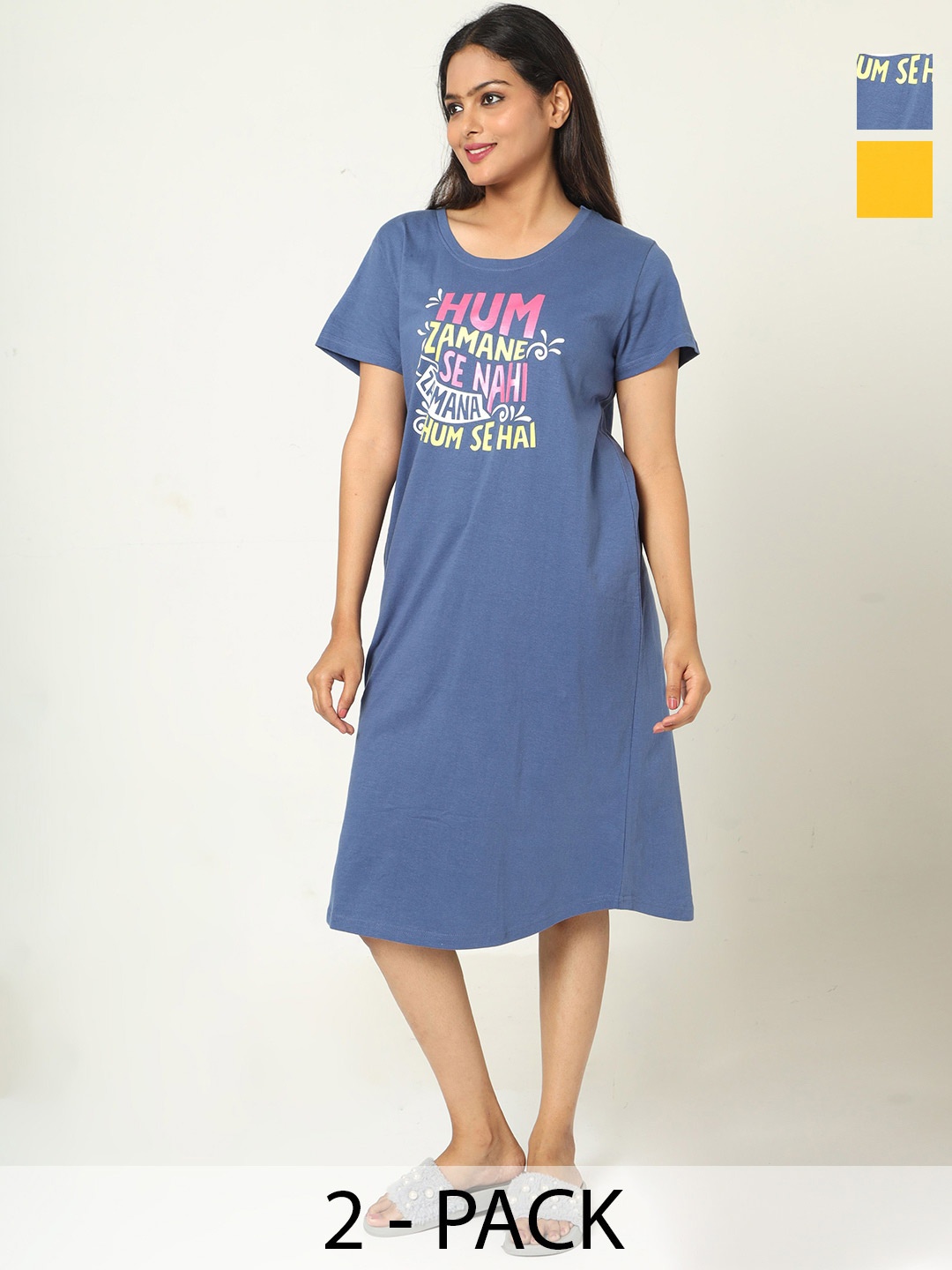 

9shines Label Pack Of 2 Printed Pure Cotton Nightdresses, Blue