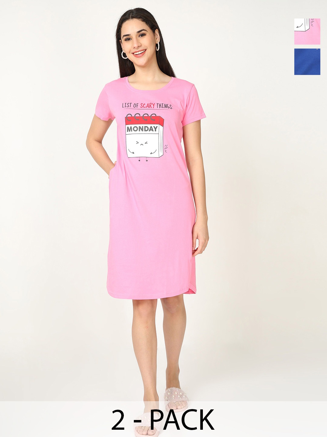 

9shines Label Pack Of 2 Printed Pure Cotton Nightdress, Pink