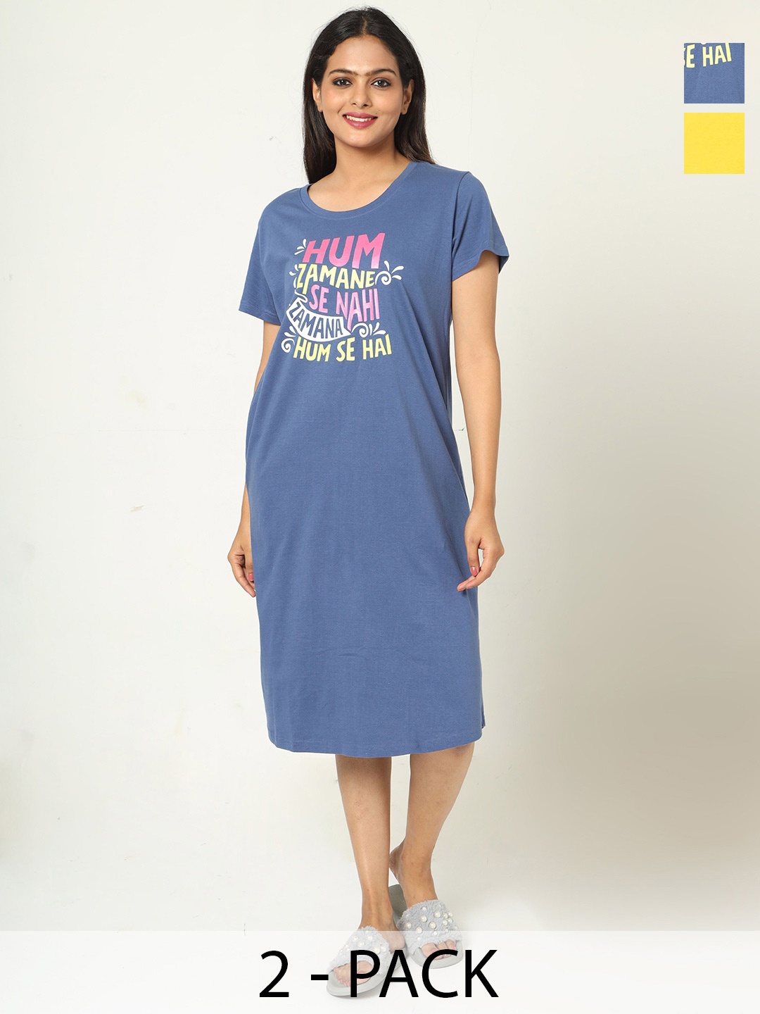 

9shines Label Pack Of 2 Printed Pure Cotton Nightdress, Blue