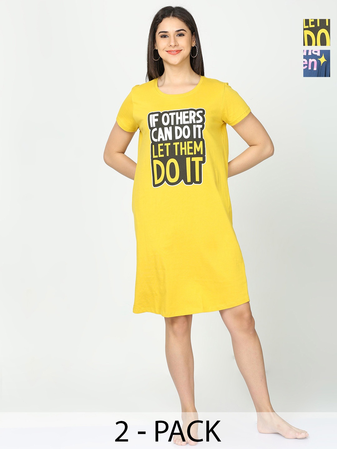 

9shines Label Pack Of 2 Printed Pure Cotton Nightdress, Yellow