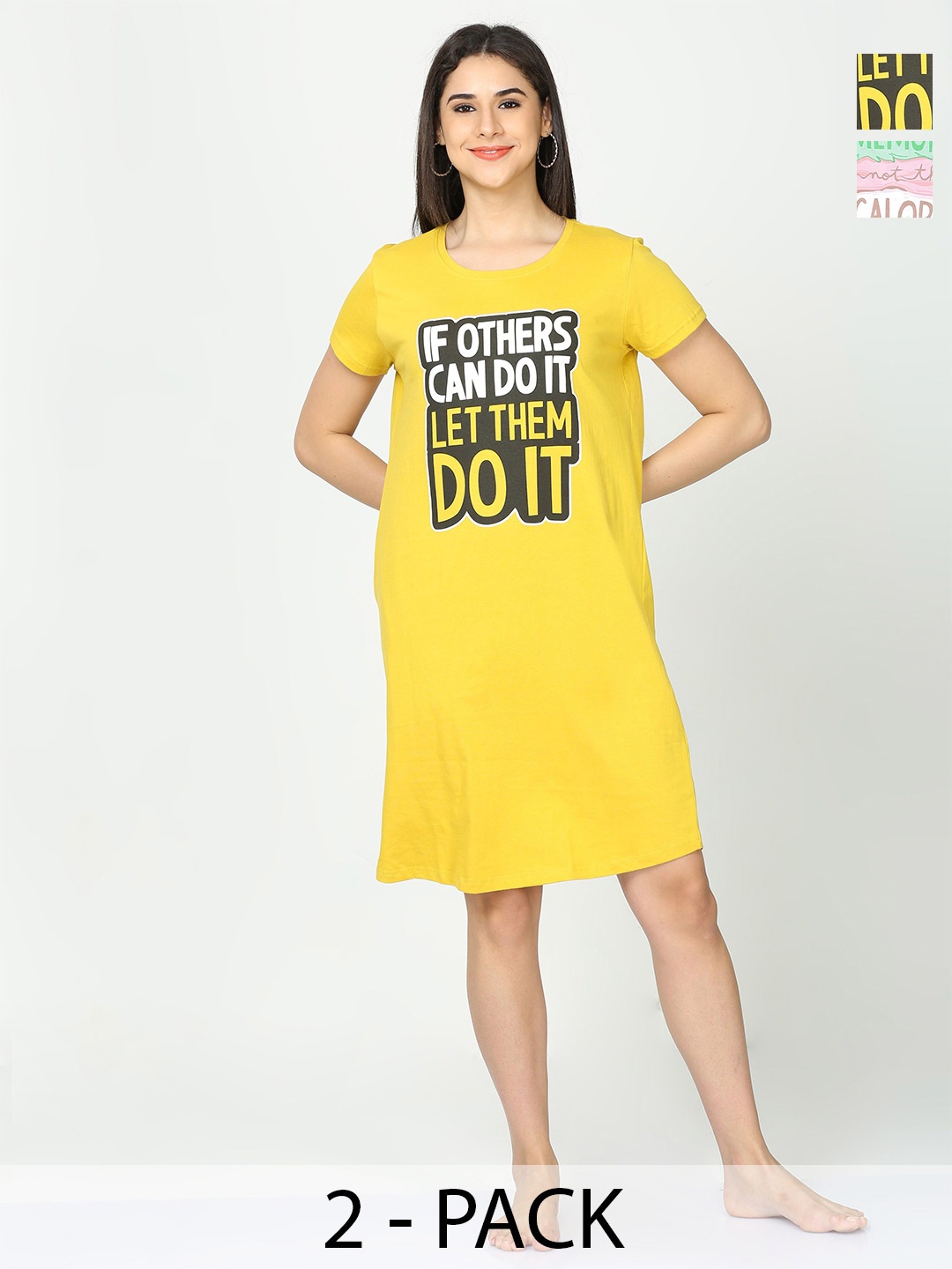 

9shines Label Pack Of 2 Typography Printed Pure Cotton T-shirt Nightdresses, Yellow