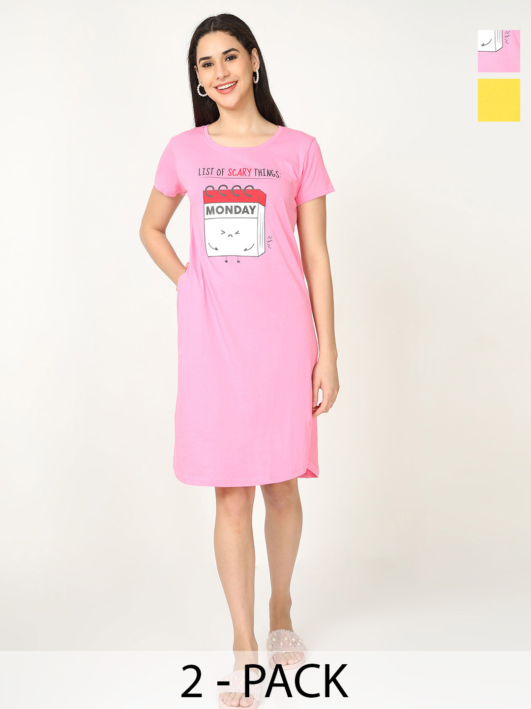 

9shines Label Pack Of 2 Typography Printed Pure Cotton T-shirt Nightdresses, Pink