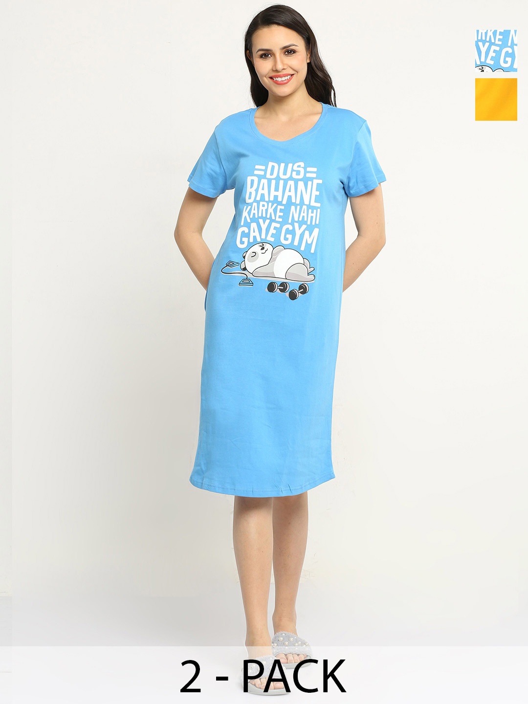 

9shines Label Pack of 2 Graphic Printed Pure Cotton T-shirt Nightdress, Blue