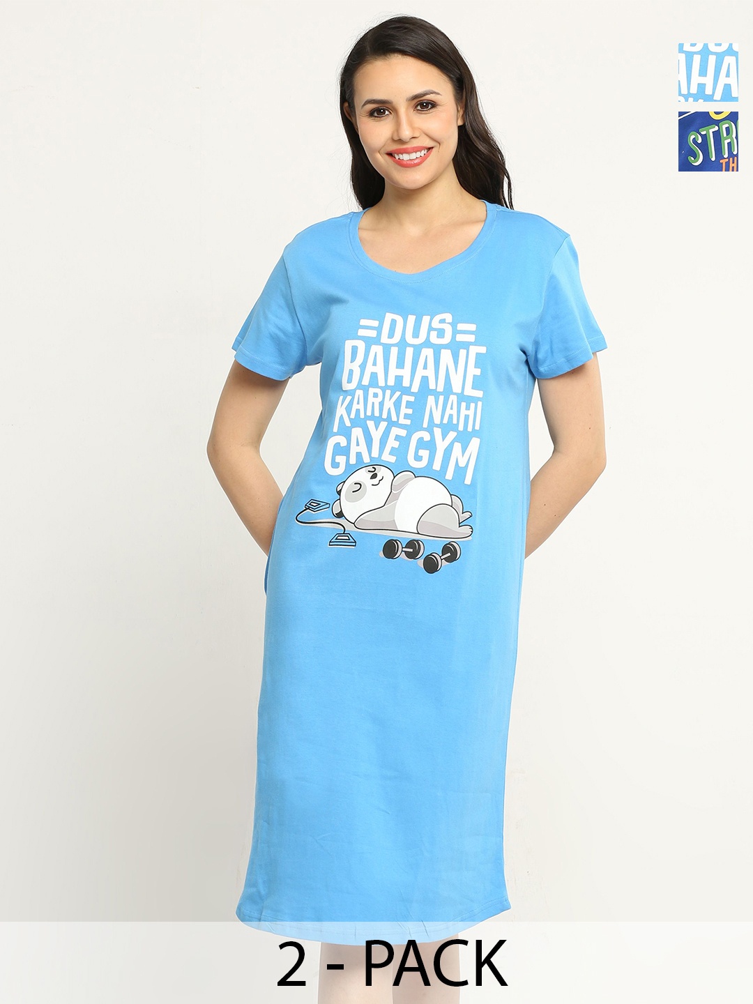 

9shines Label Pack Of 2 Printed Pure Cotton Nightdress, Blue