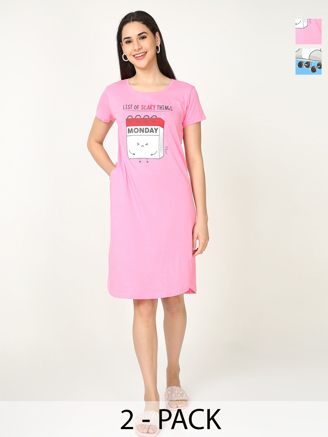 

9shines Label Pack of 2 Graphic Printed Pure Cotton T-shirt Nightdress, Pink