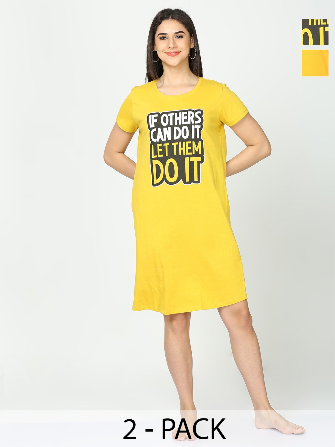 

9shines Label Pack Of 2 Typography Printed Pure Cotton T-shirt Nightdresses, Yellow