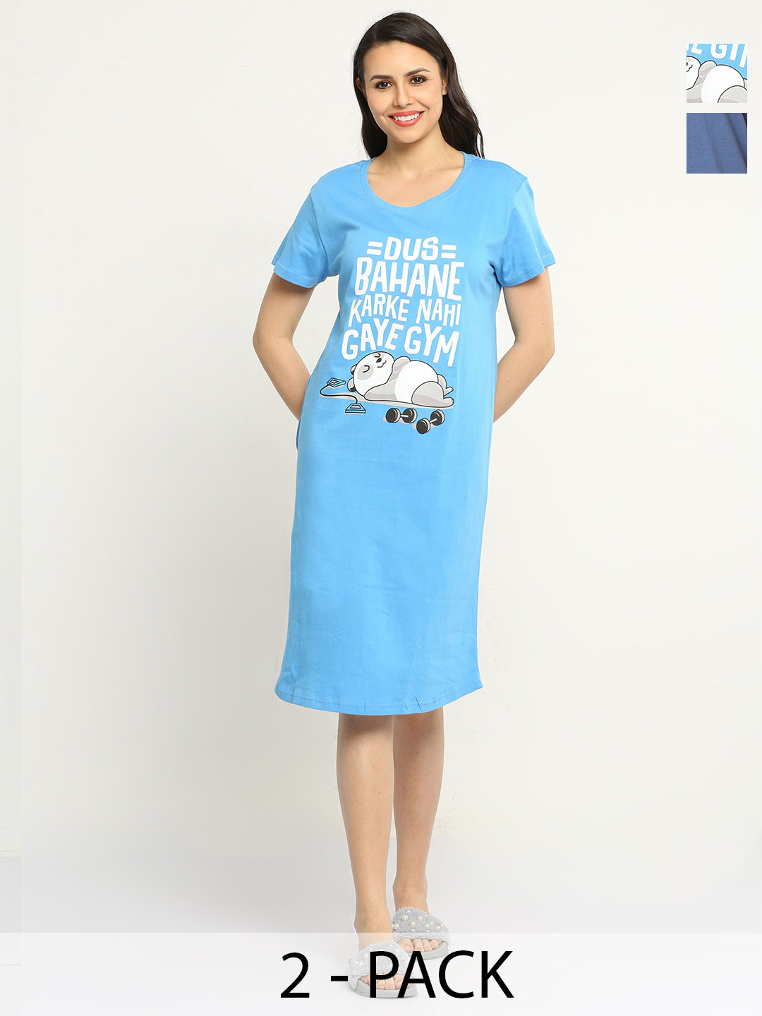 

9shines Label Plus Size Pack Of 2 Typography Printed Pure Cotton T-shirt Nightdress, Blue
