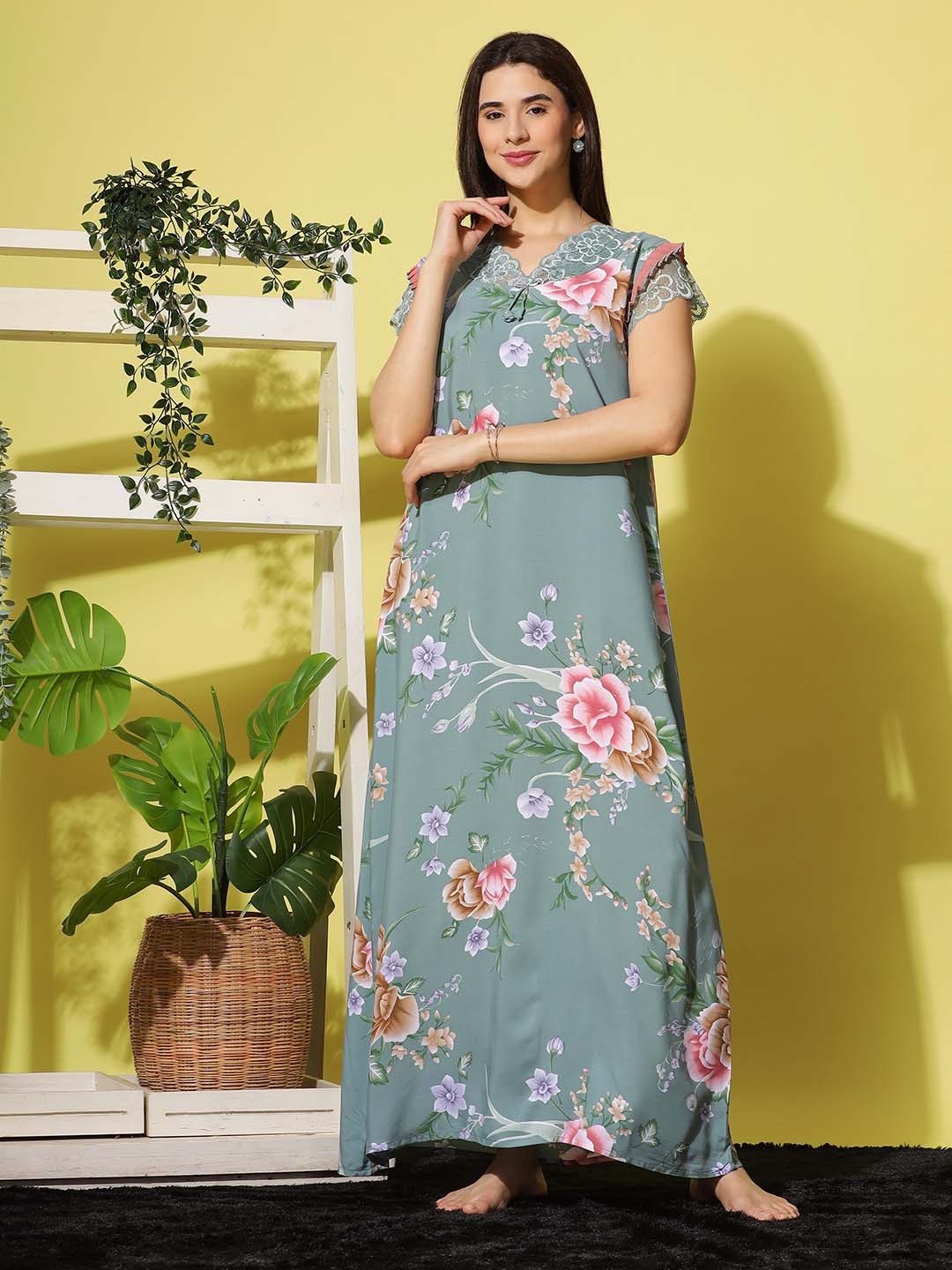 

9shines Label Floral Printed Flutter Sleeve Lace V Neck Maxi Nightdress, Sea green