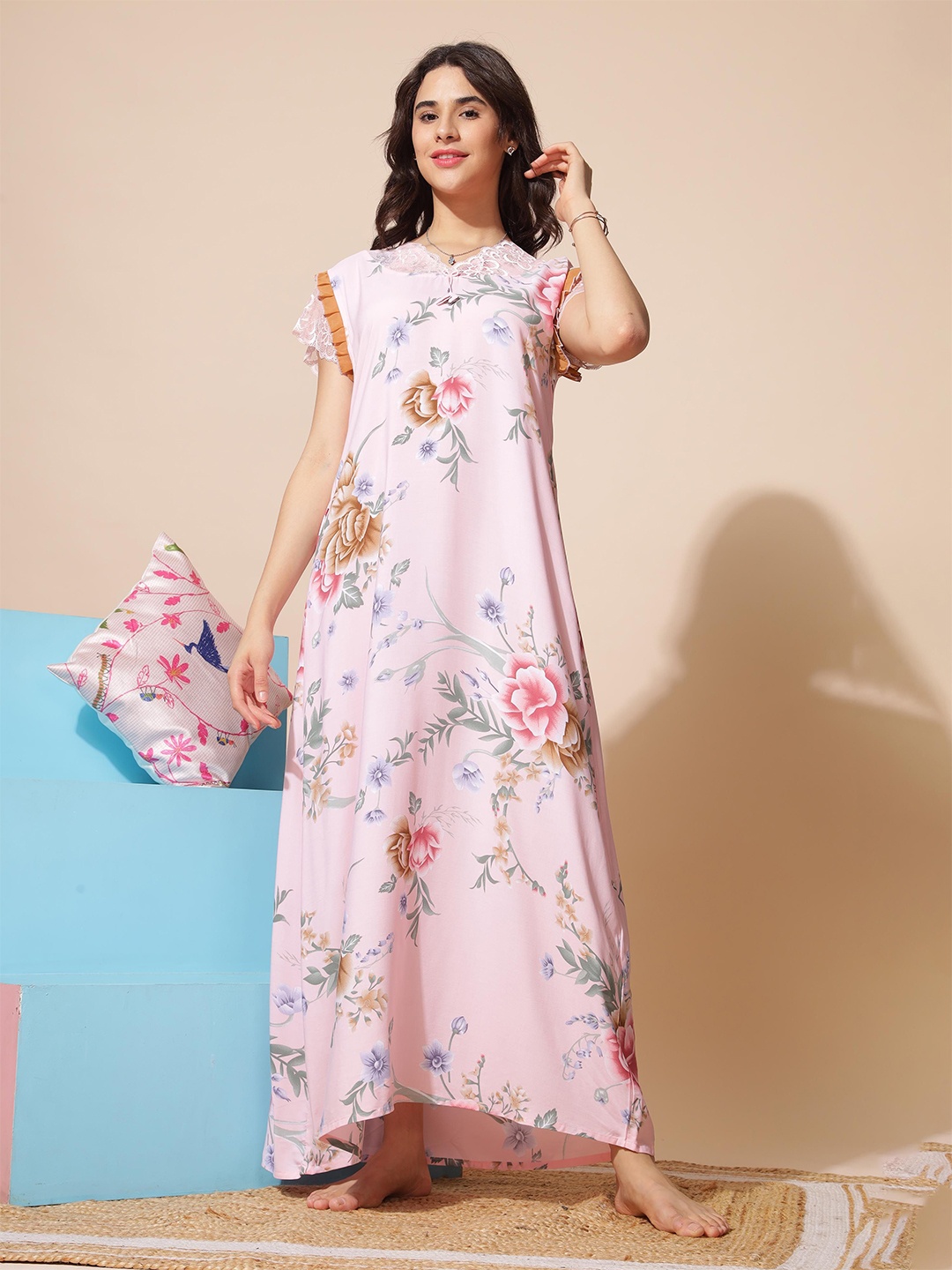 

9shines Label Floral Printed Flutter Sleeve Lace V Neck Maxi Nightdress, Peach