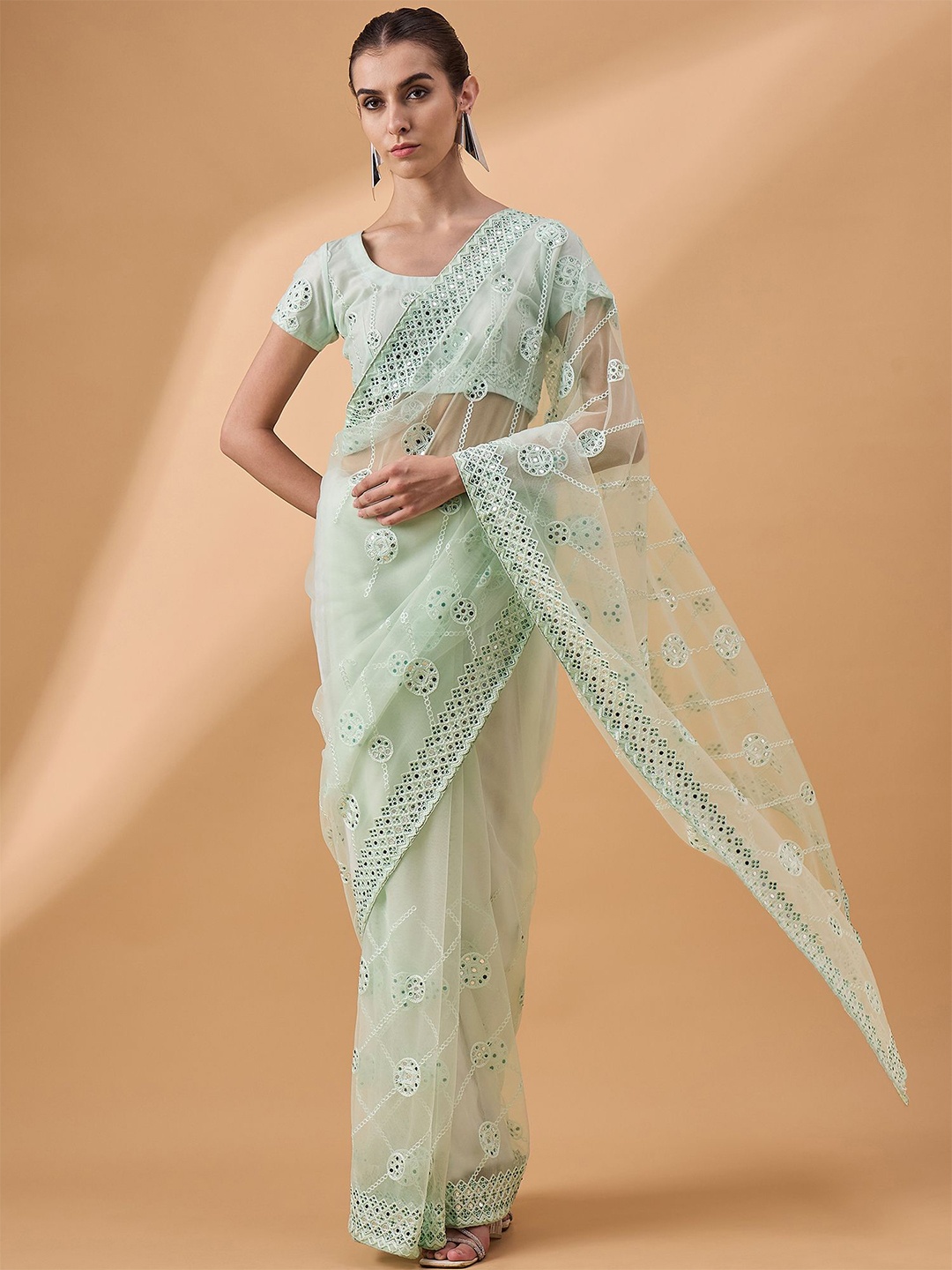 

all about you Floral Mirror Work Net Saree, Sea green