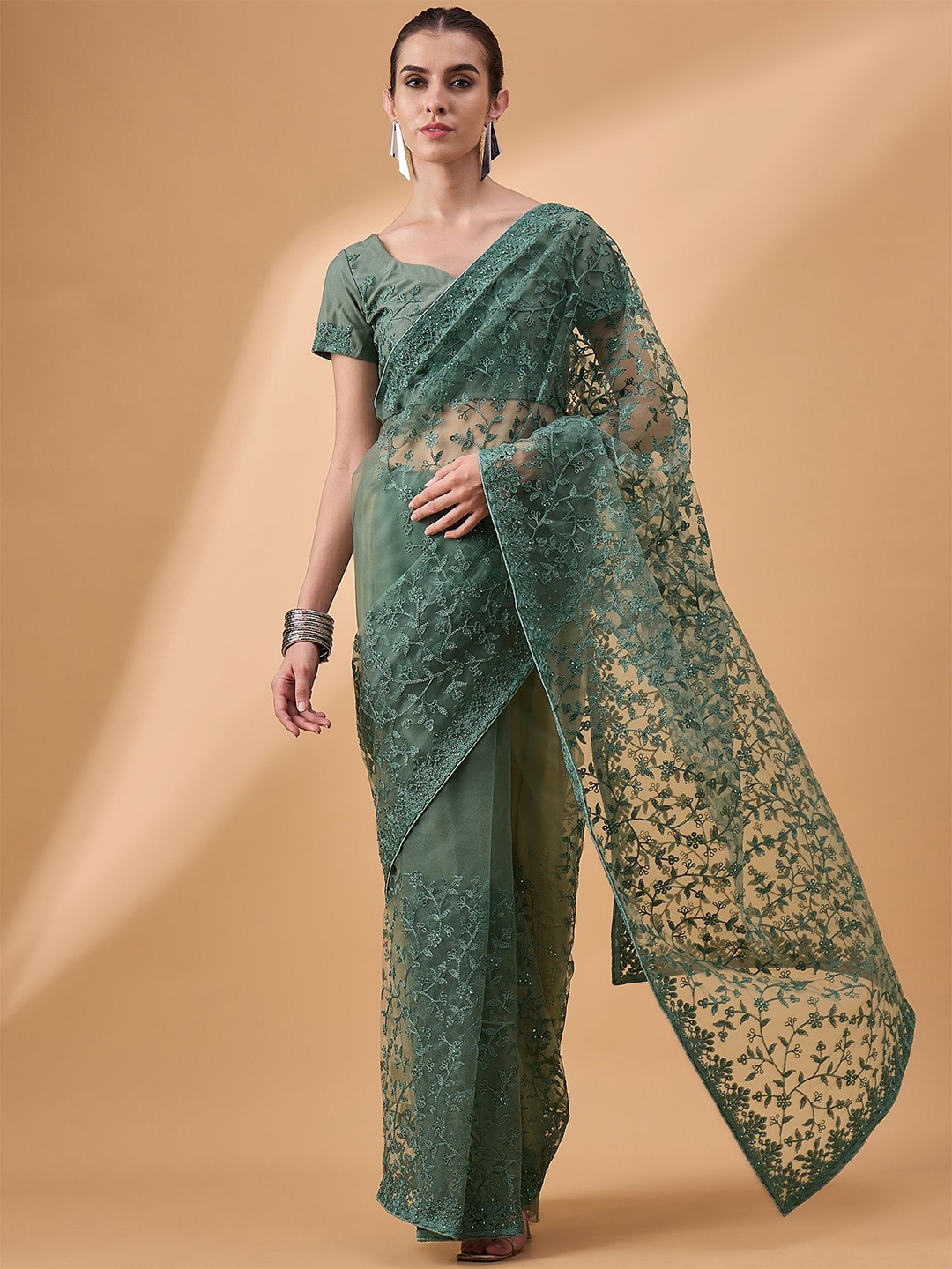 

all about you Floral Embroidered Net Saree, Green