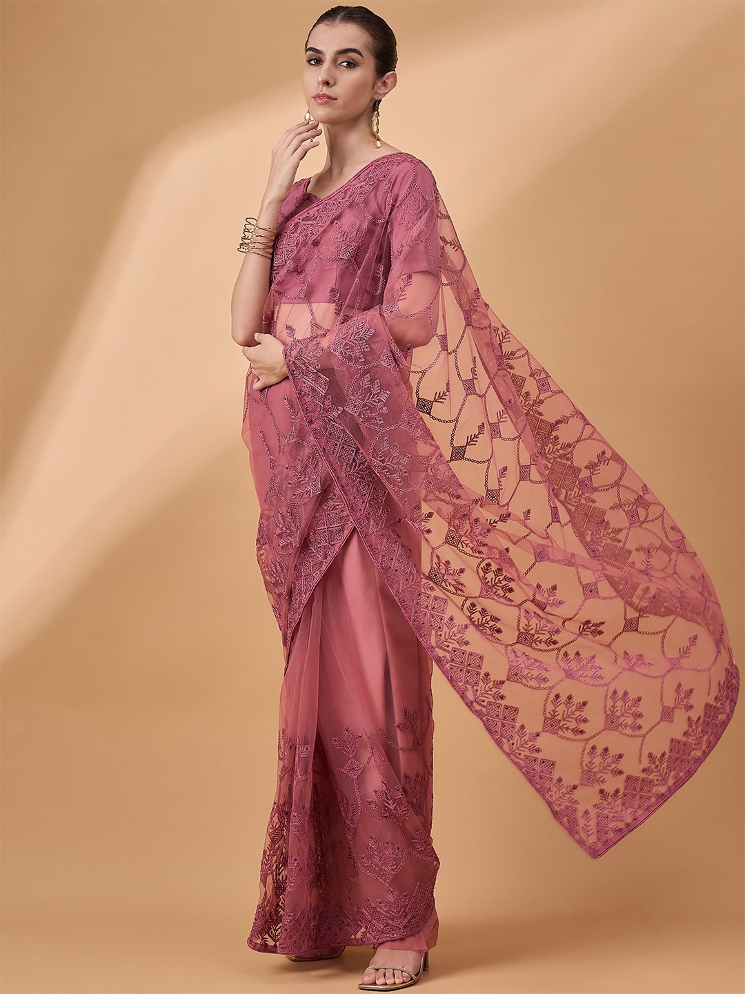 

all about you Ethnic Motifs Embroidered Net Saree, Peach