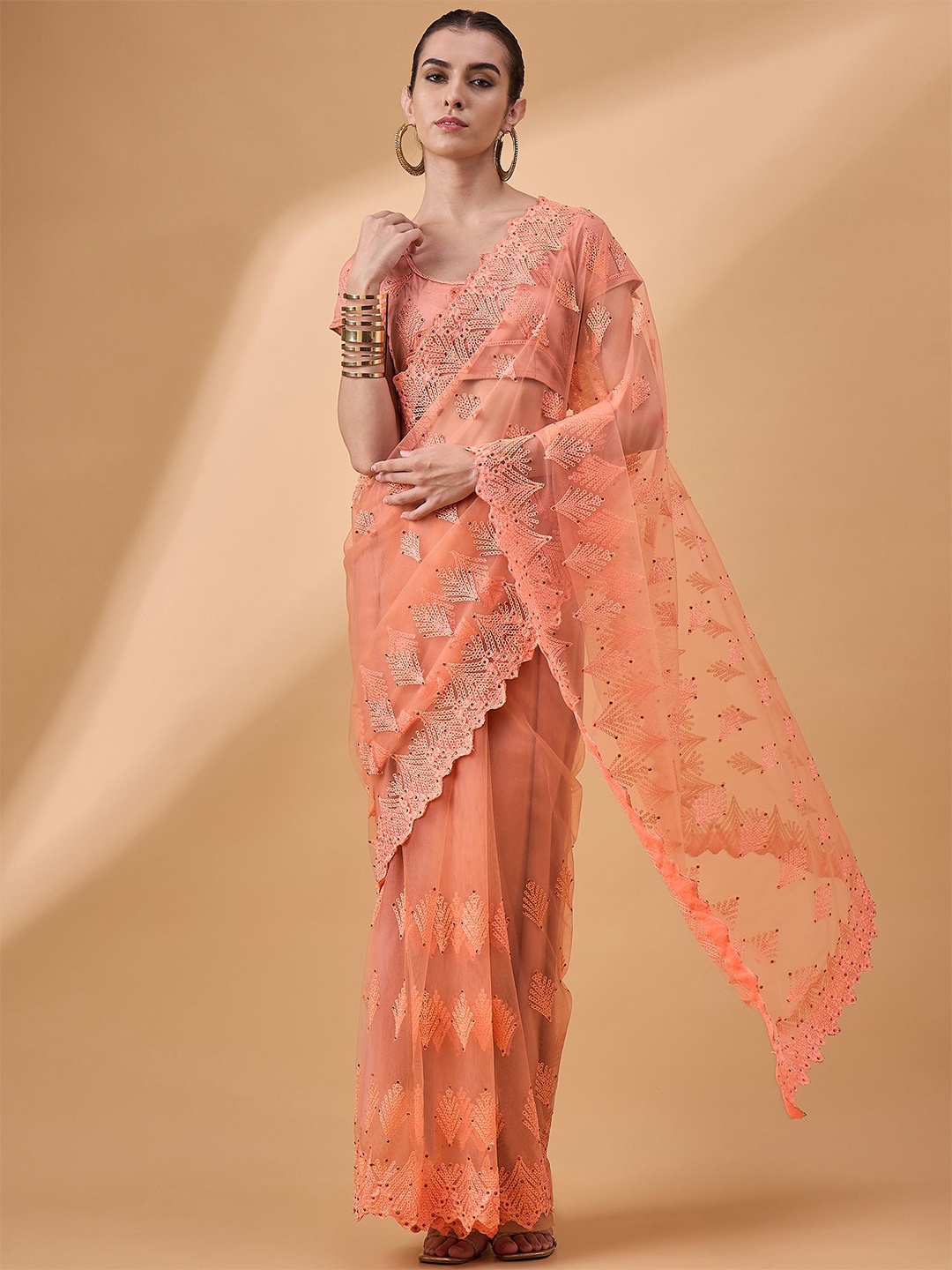 

all about you Ethnic Motifs Embroidered Net Saree, Orange