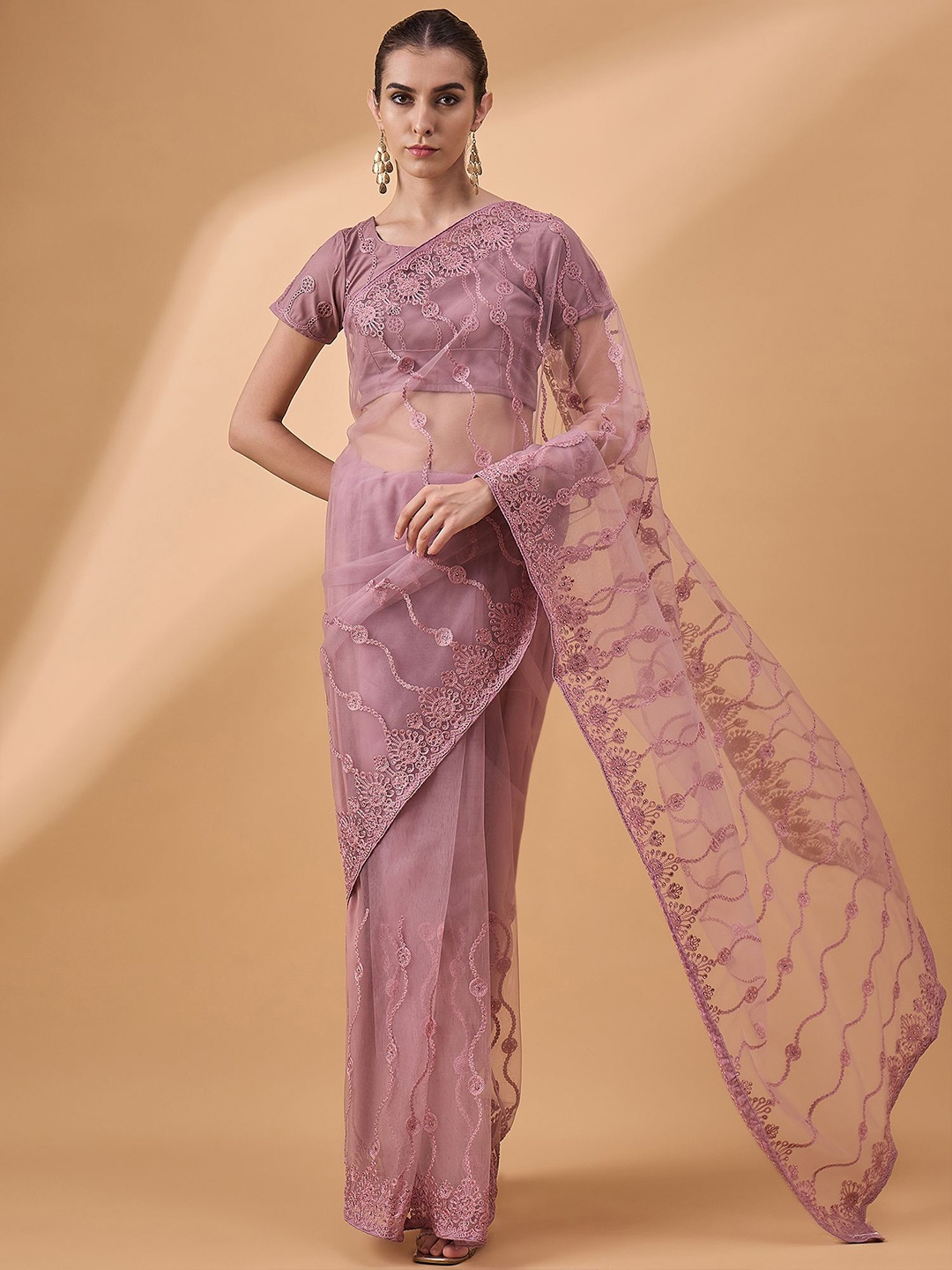 

all about you Floral Embroidered Net Saree, Pink