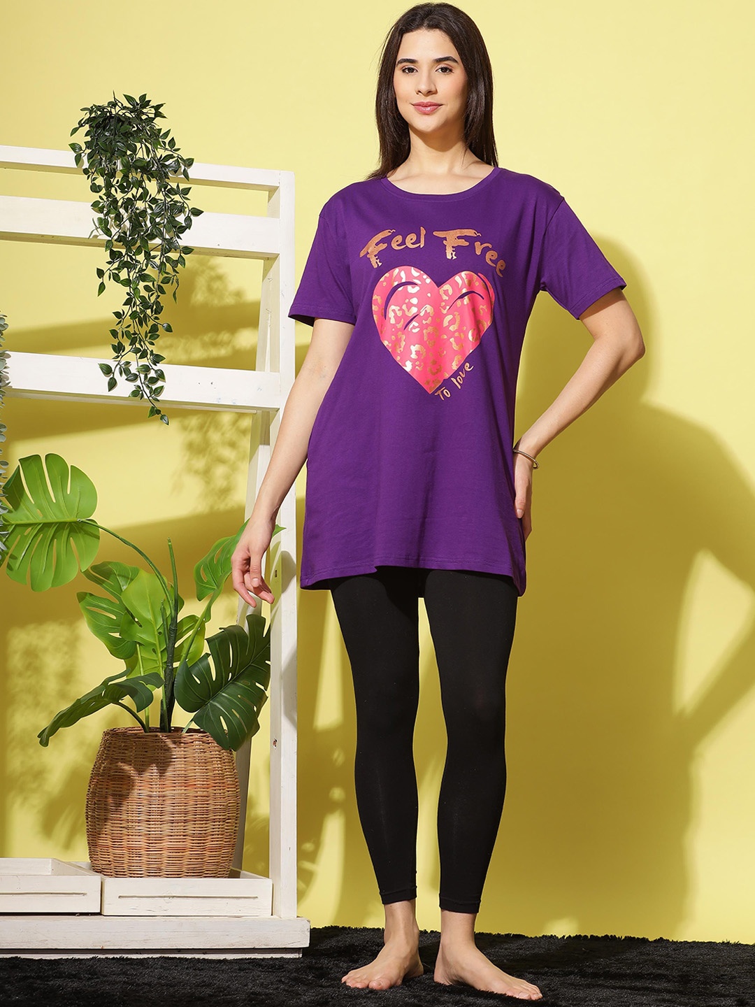 9shines Label Printed Cotton Lounge T-Shirt, Purple