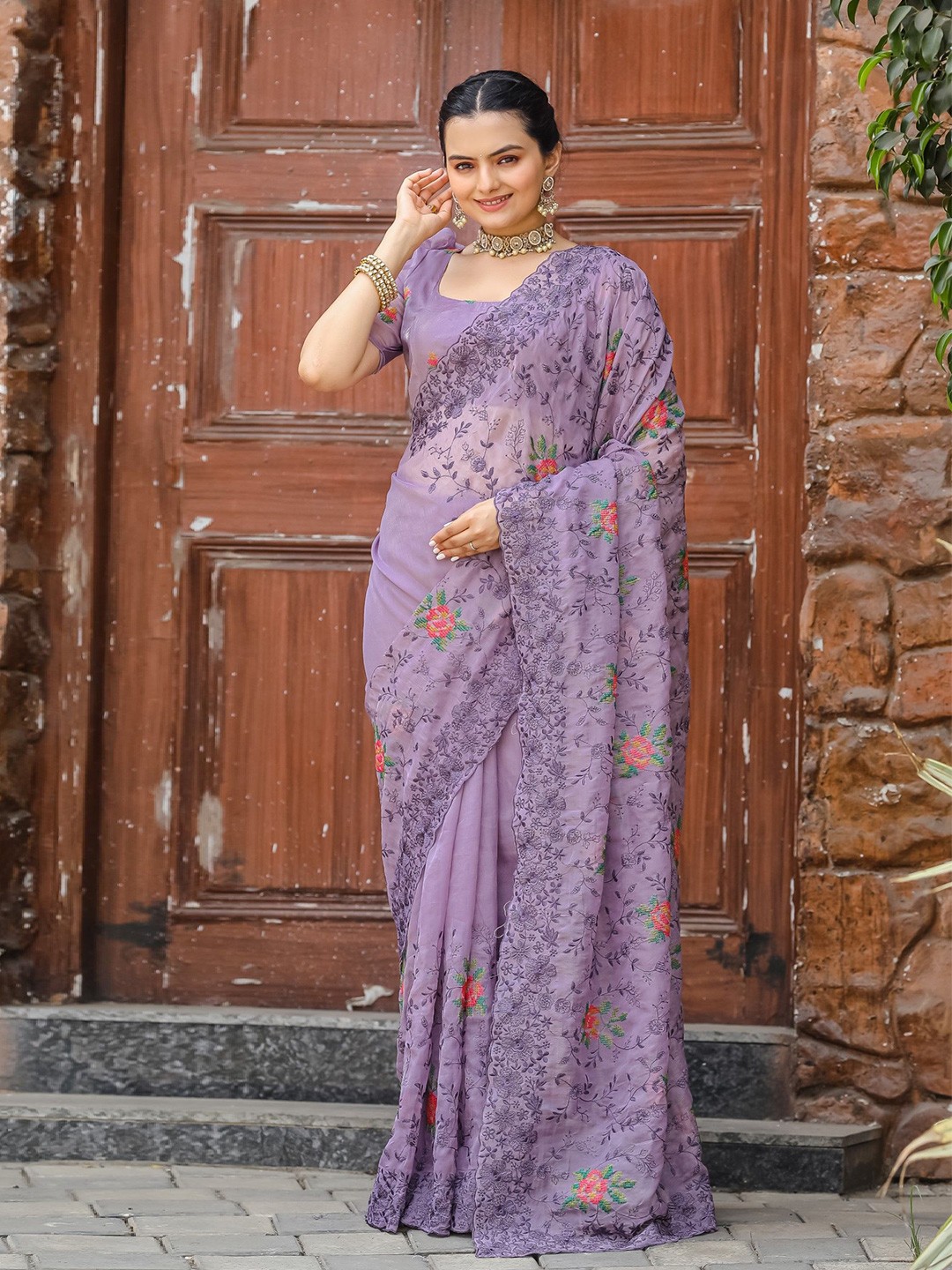 

Mitera Floral Embroidered Saree, Lavender
