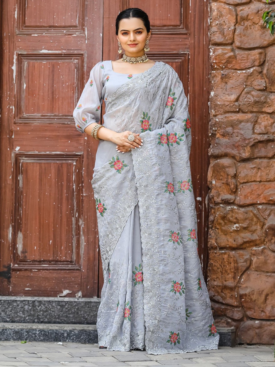 

Mitera Floral Embroidered Saree, Grey