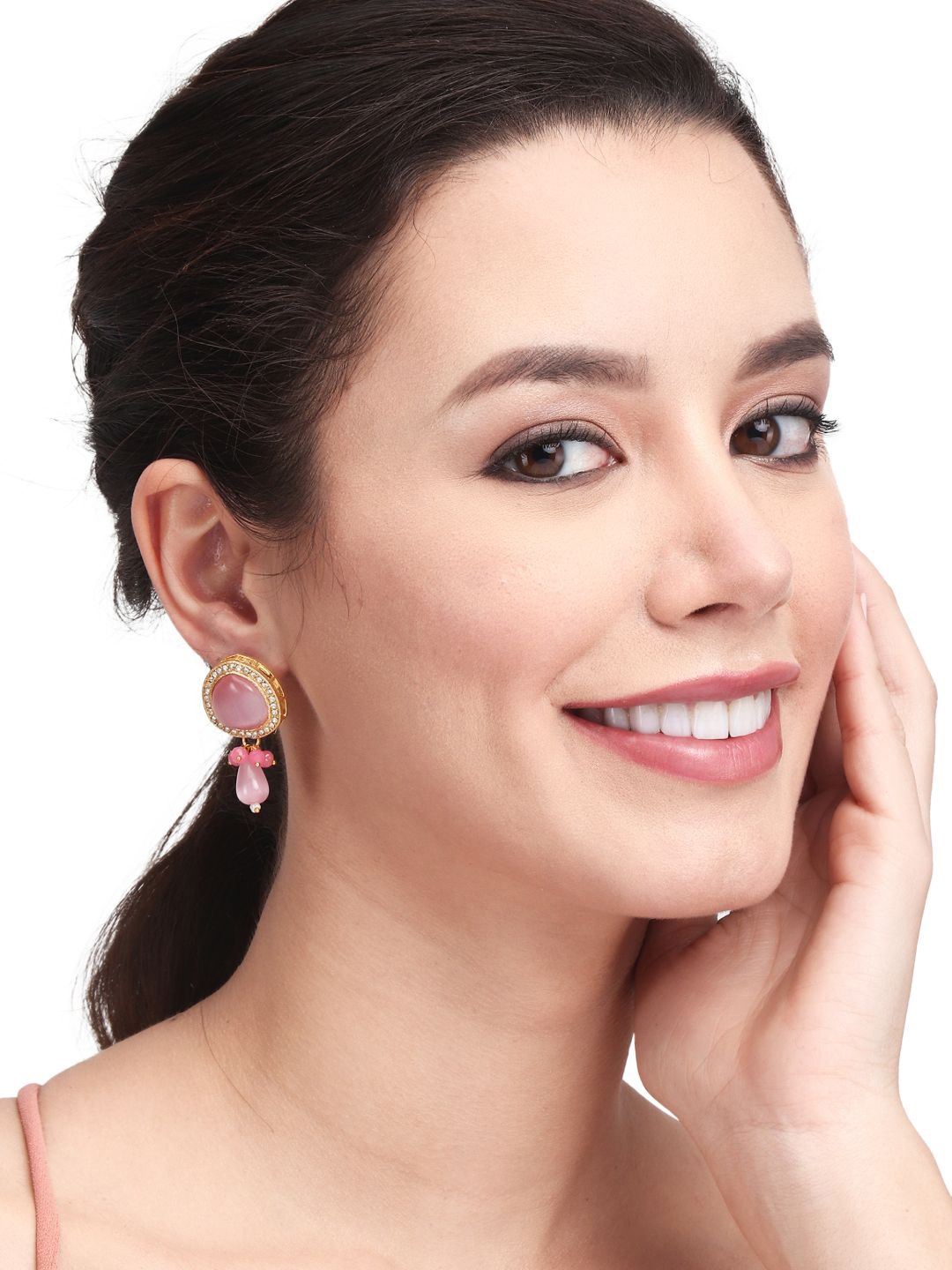 

Anvik Gold-Plated Stone-Studded & Beaded Contemporary Drop Earrings