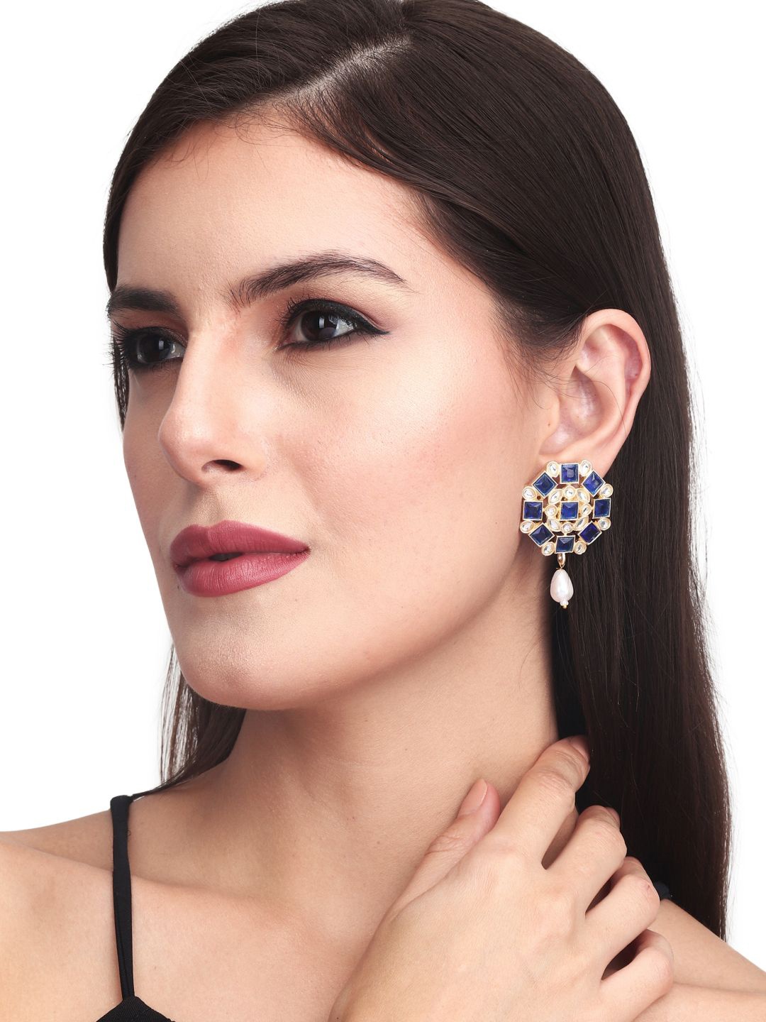 

Anvik Gold-Plated Stone-Studded & Beaded Geometric Drop Earrings