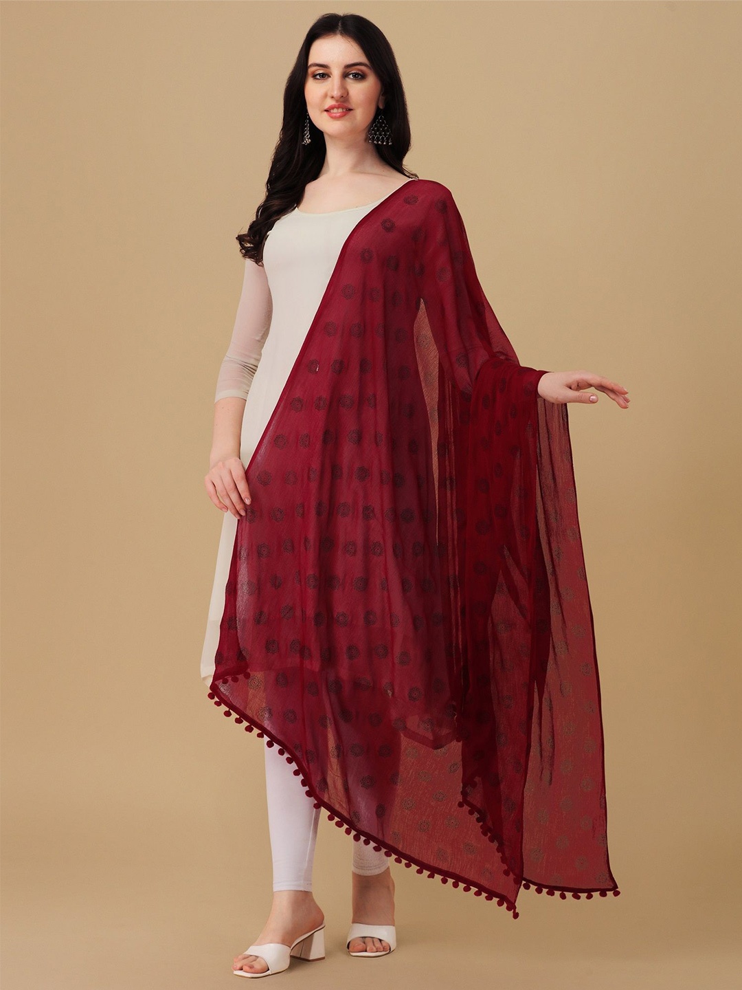 

KALINI Ethnic Motifs Printed Block Print Dupatta, Maroon