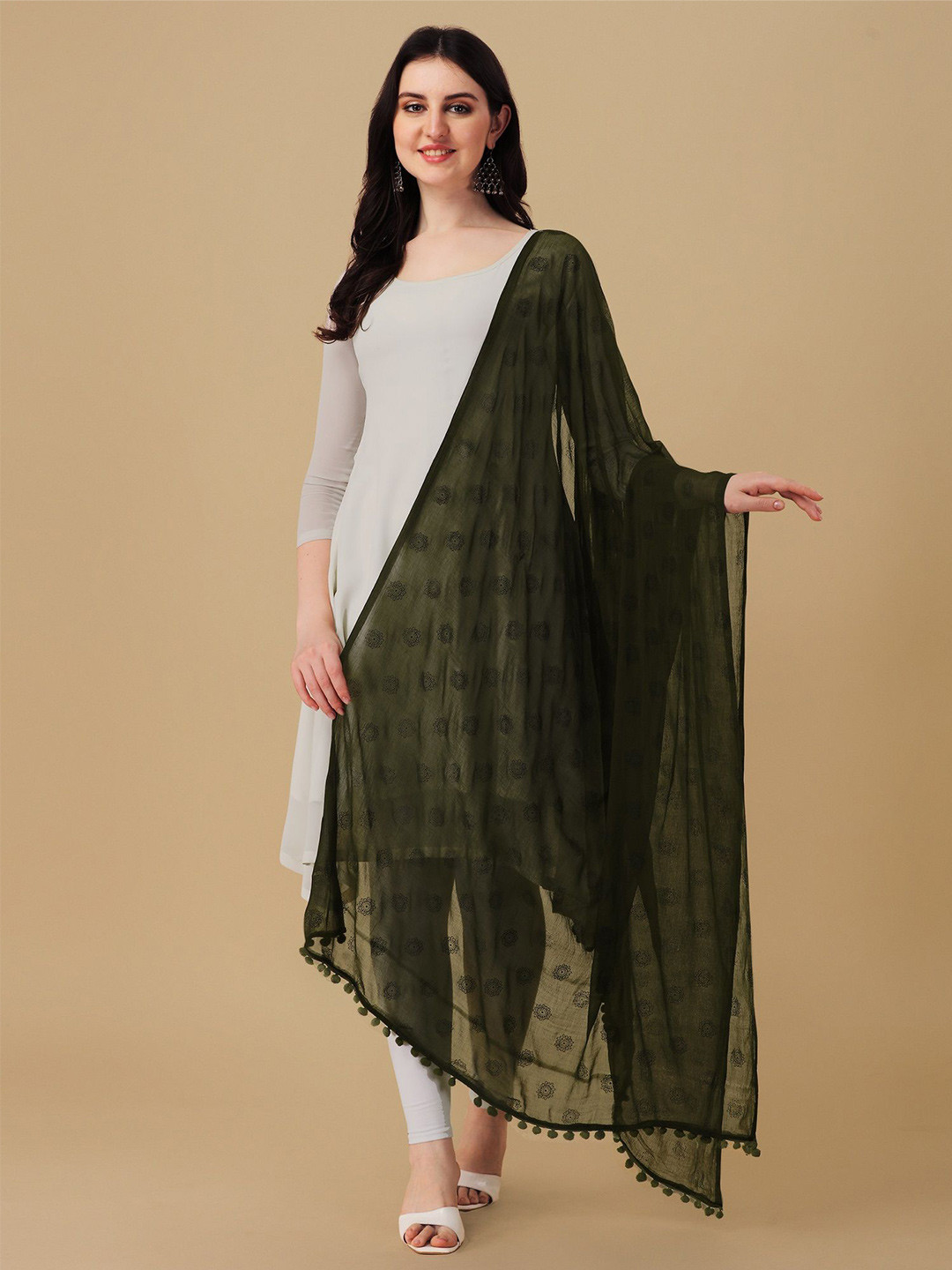 

KALINI Ethnic Motifs Printed Block Print Dupatta, Green