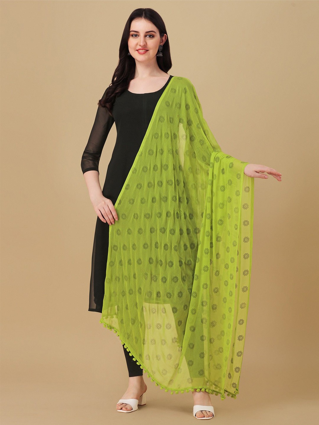 

KALINI Ethnic Motifs Printed Block Print Dupatta, Lime green
