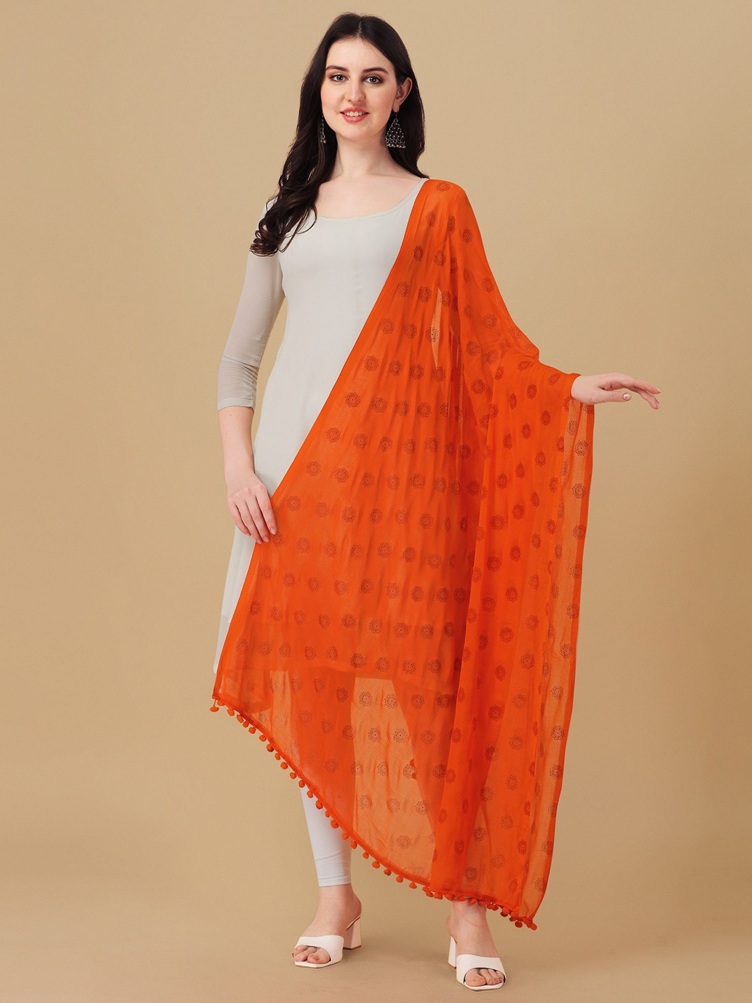 

KALINI Ethnic Motifs Printed Block Print Dupatta, Orange
