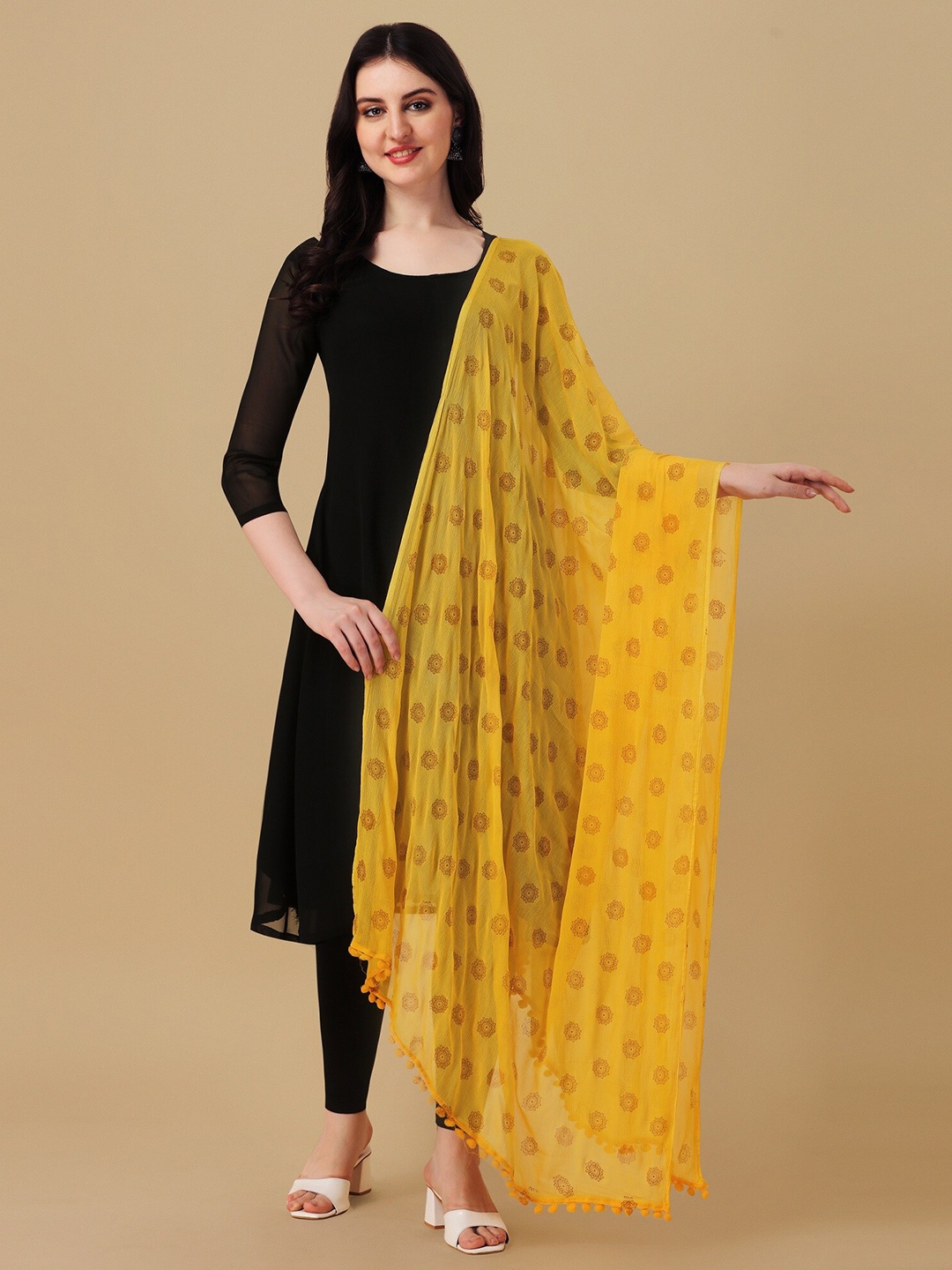 

KALINI Ethnic Motifs Printed Block Print Dupatta, Mustard