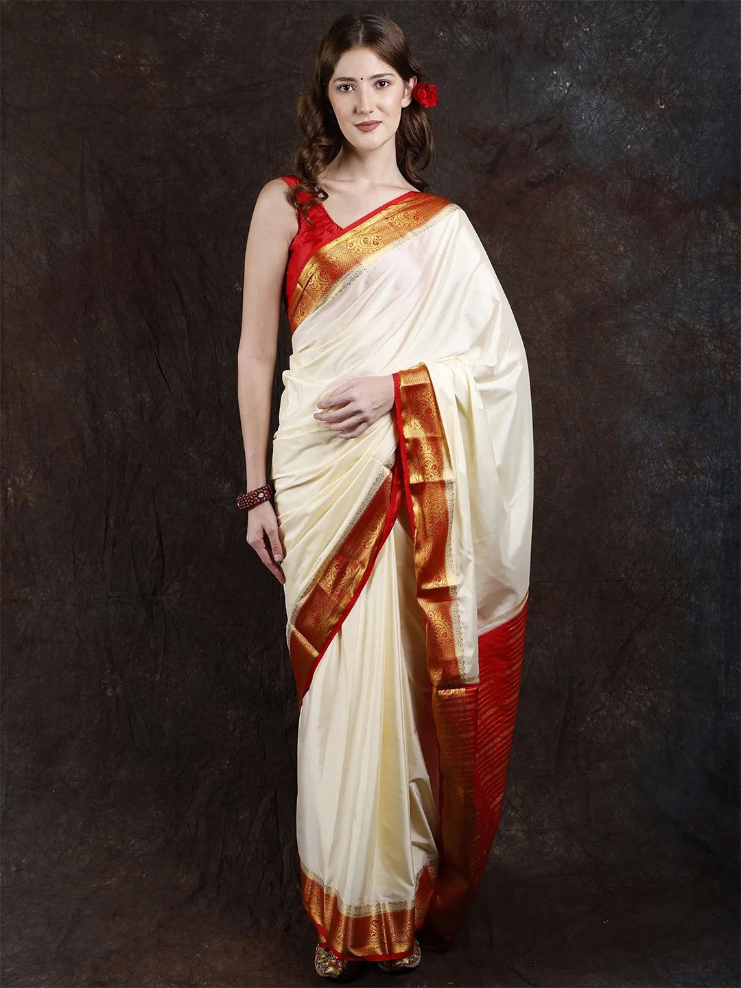 

Exotic India Zari Pure Silk Saree, White