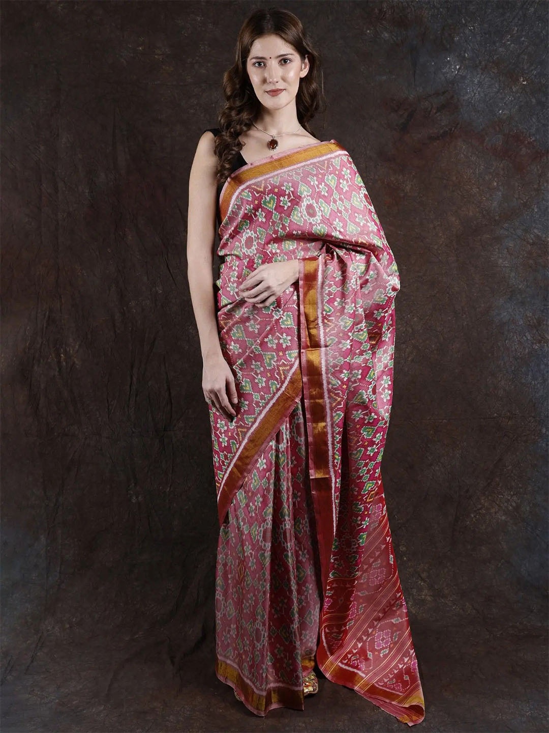 

Exotic India Ethnic Motifs Zari Pure Silk Ikat Saree, Rose