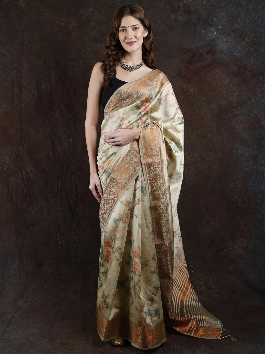 

Exotic India Green Tint Art Silk Saree with Zari Brocaded Border & Digital Printed Flowers