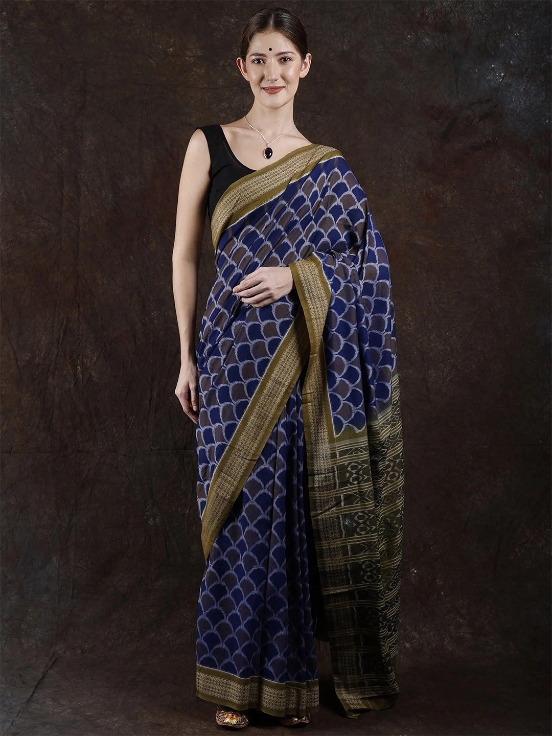 

Exotic India Pure Cotton Ikat Saree, Navy blue