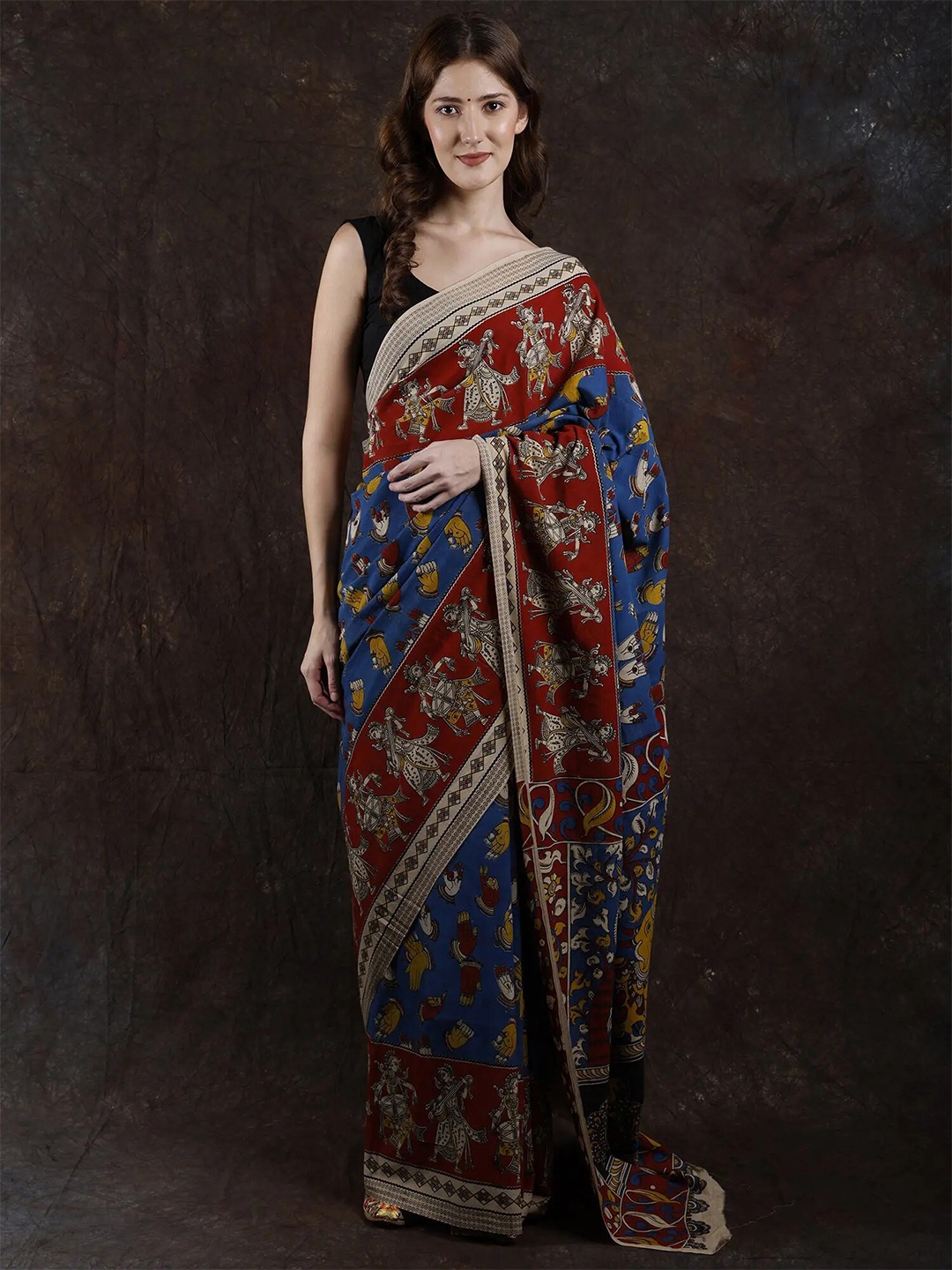 

Exotic India Kalamkari Pure Cotton Saree, Navy blue