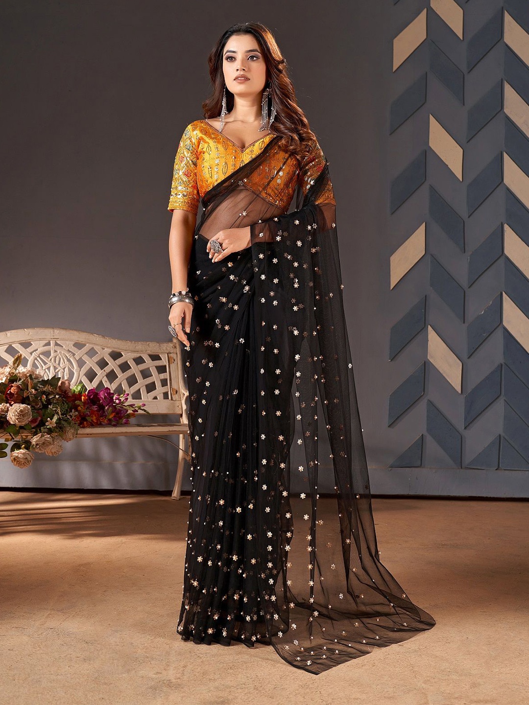 

TEEYA CREATION Floral Beads and Stones Supernet Saree, Black