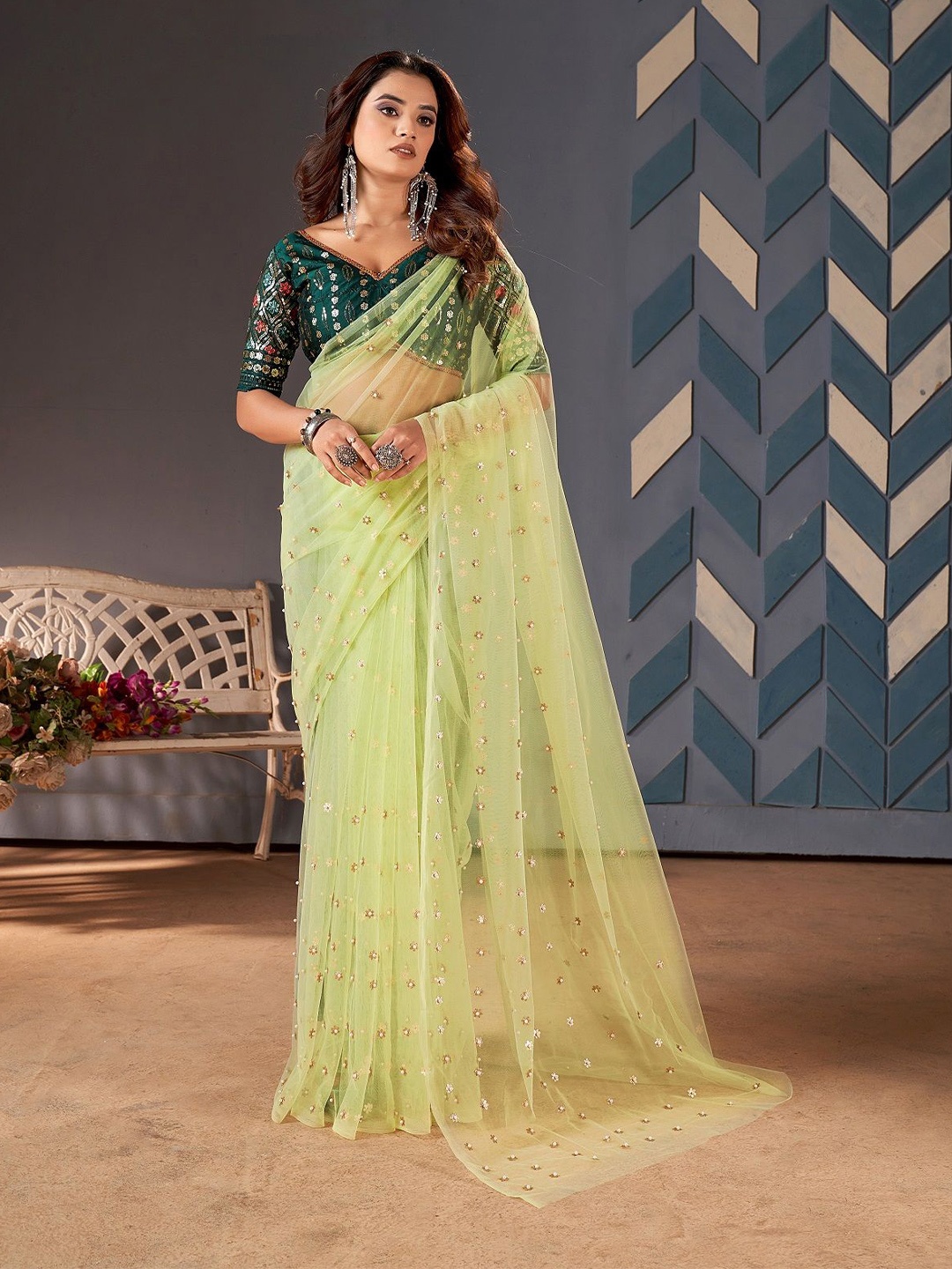 

TEEYA CREATION Floral Beads and Stones Supernet Saree, Lime green