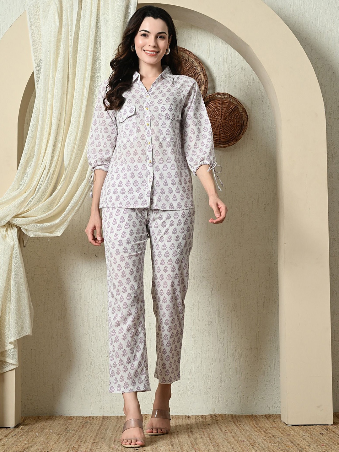 

Cayman Ethnic Printed Pure Cotton Shirt With Trouser, Cream