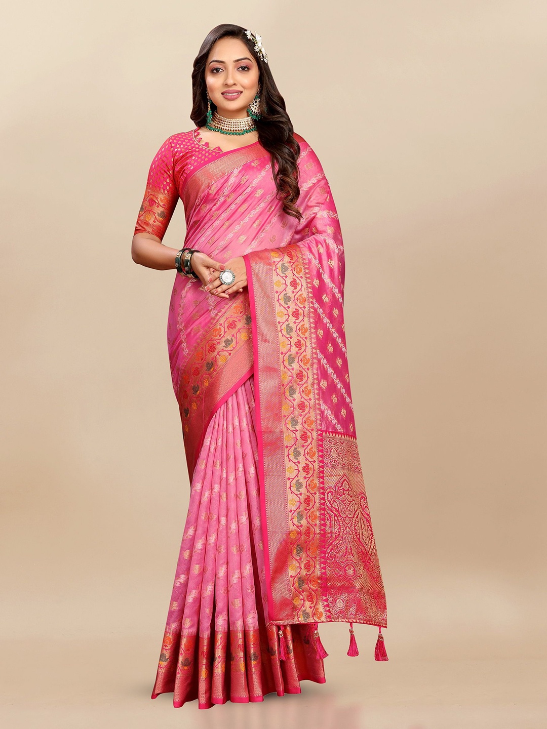 

Ekta Textiles Floral Zari Organza Banarasi Saree, Coral