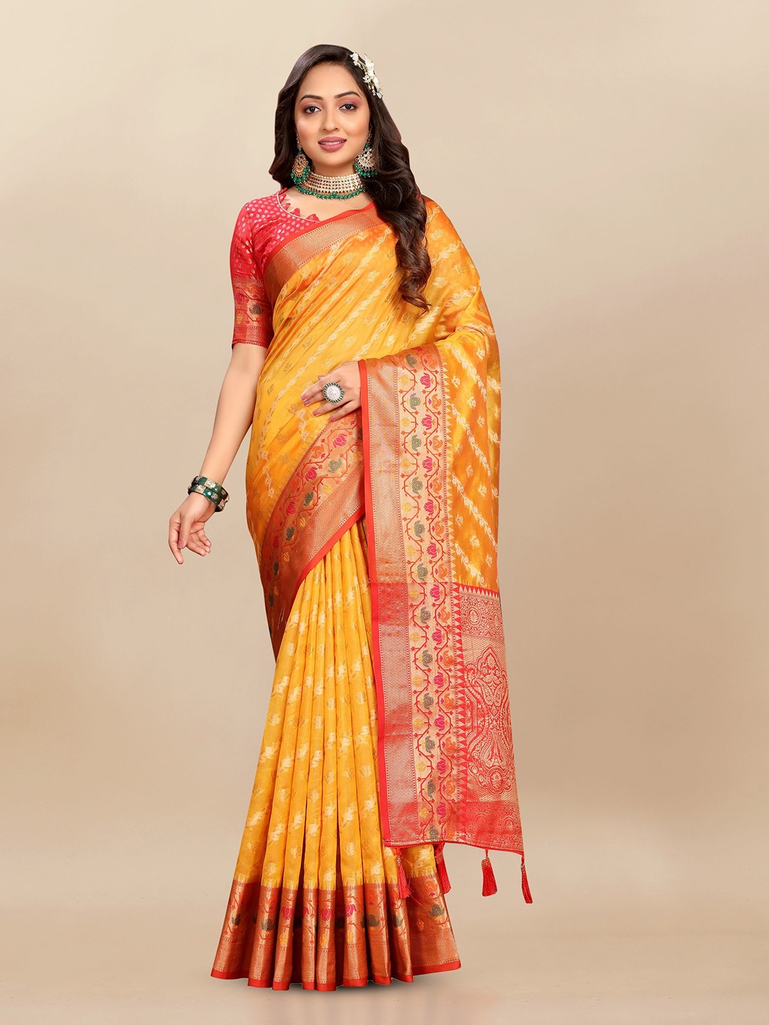 

Ekta Textiles Woven Design Zari Organza Banarasi Saree, Yellow