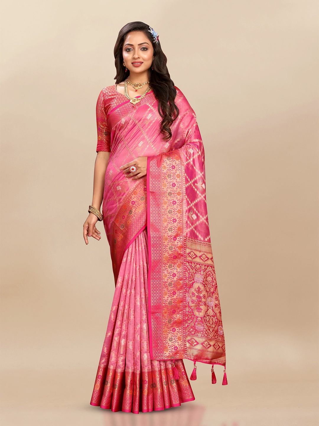 

Ekta Textiles Woven Design Zari Organza Banarasi Saree, Pink