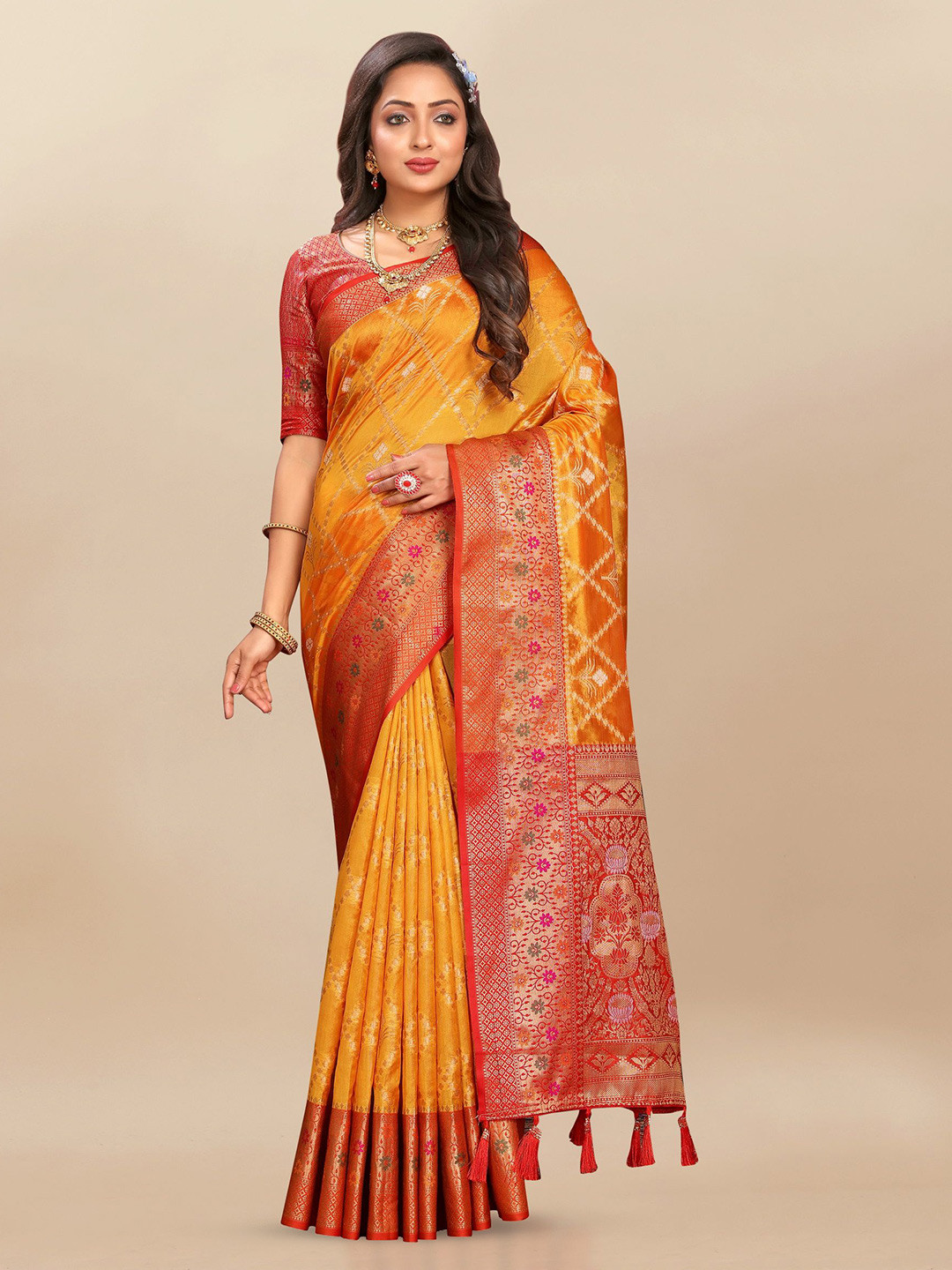 

Ekta Textiles Woven Design Zari Organza Banarasi Saree, Yellow