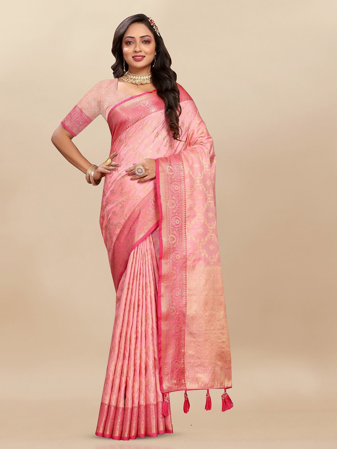 

Ekta Textiles Pure Silk Zari Banarasi Saree, Peach