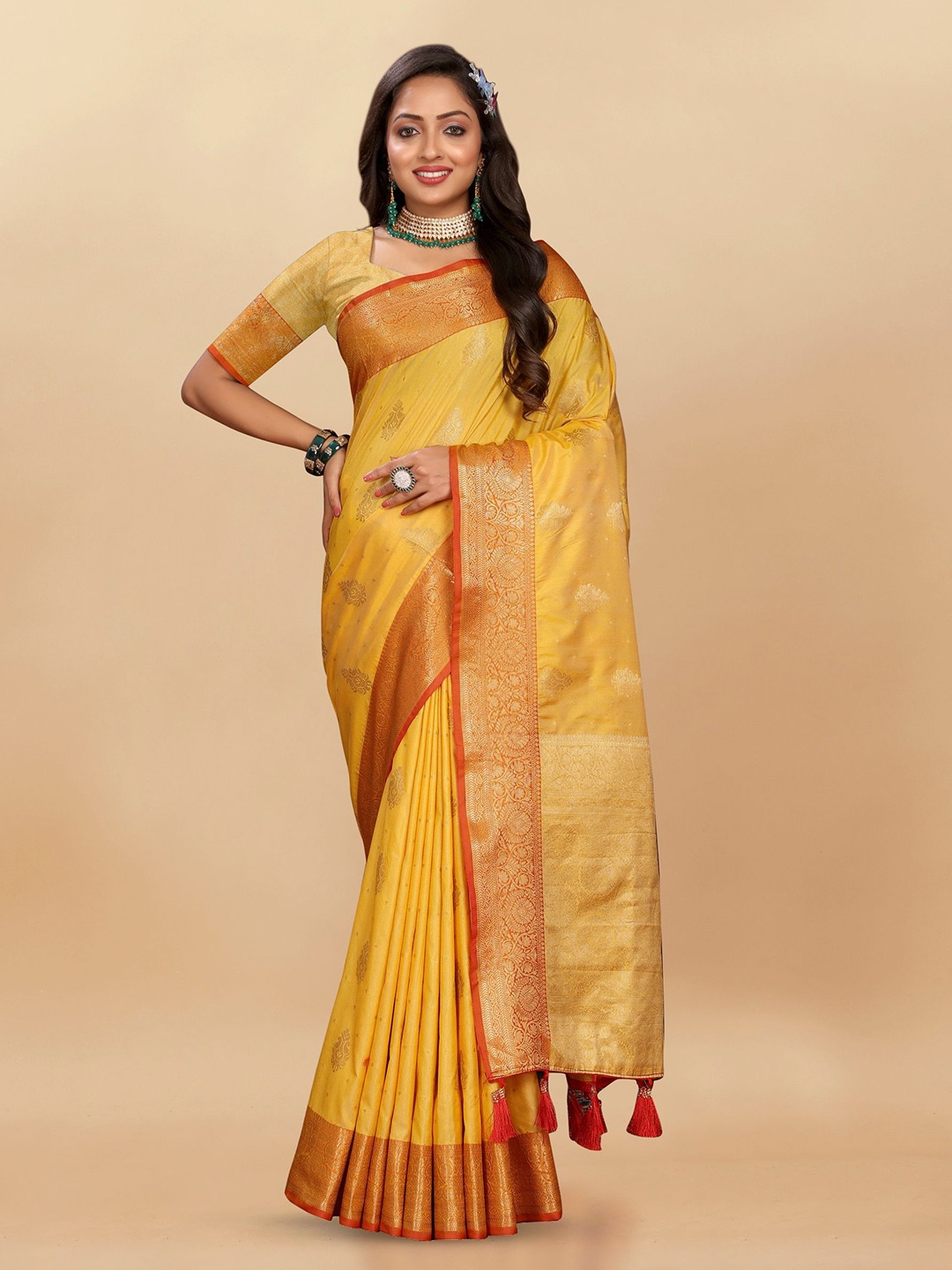 

Ekta Textiles Woven Design Zari Pure Silk Banarasi Saree, Yellow