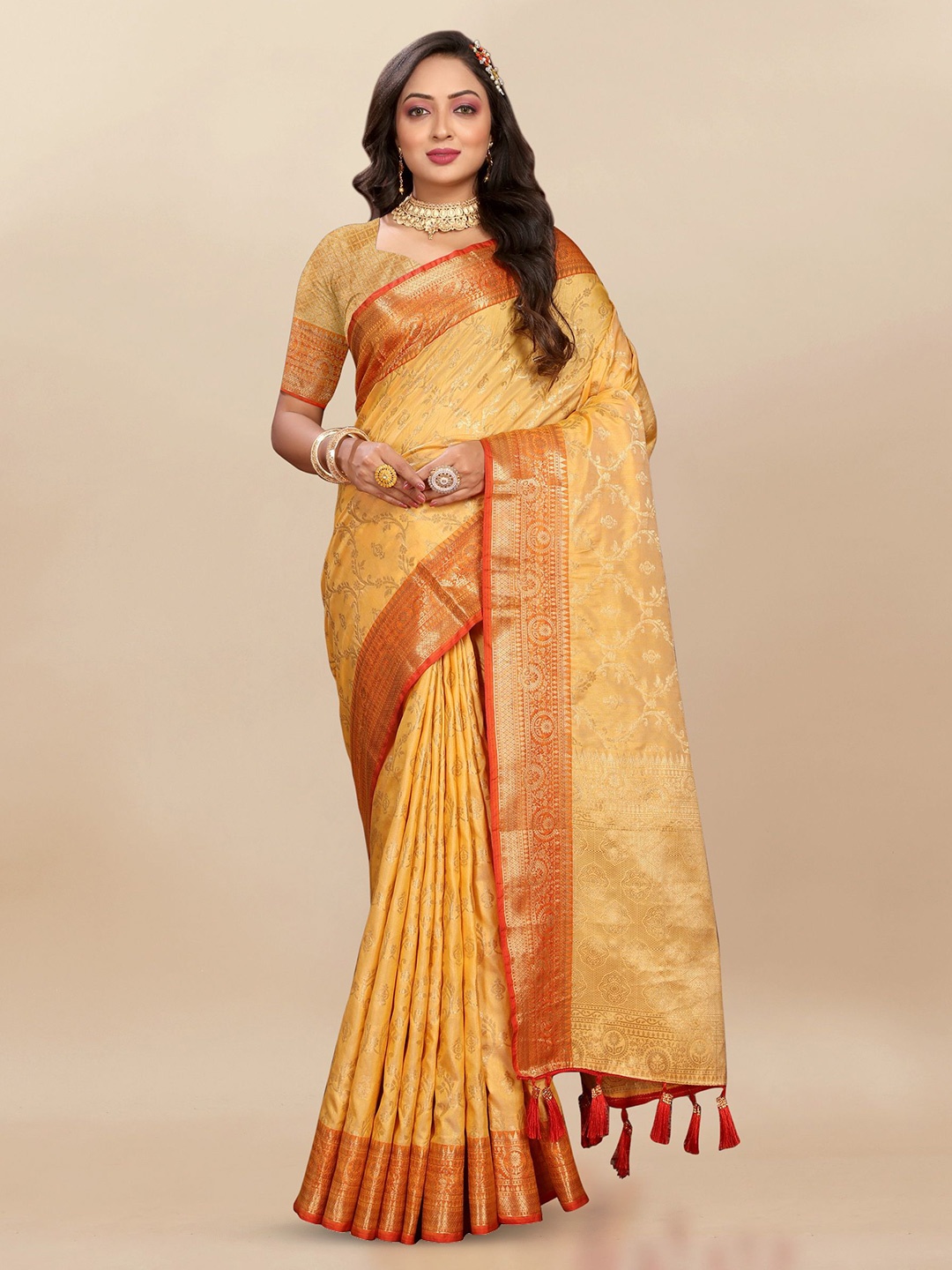 

Ekta Textiles Woven Design Zari Pure Silk Banarasi Saree, Yellow