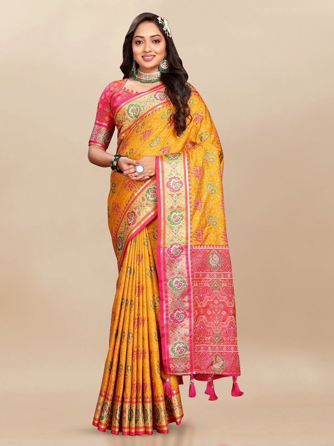 

Ekta Textiles Woven Design Zari Pure Silk Patola Saree, Yellow