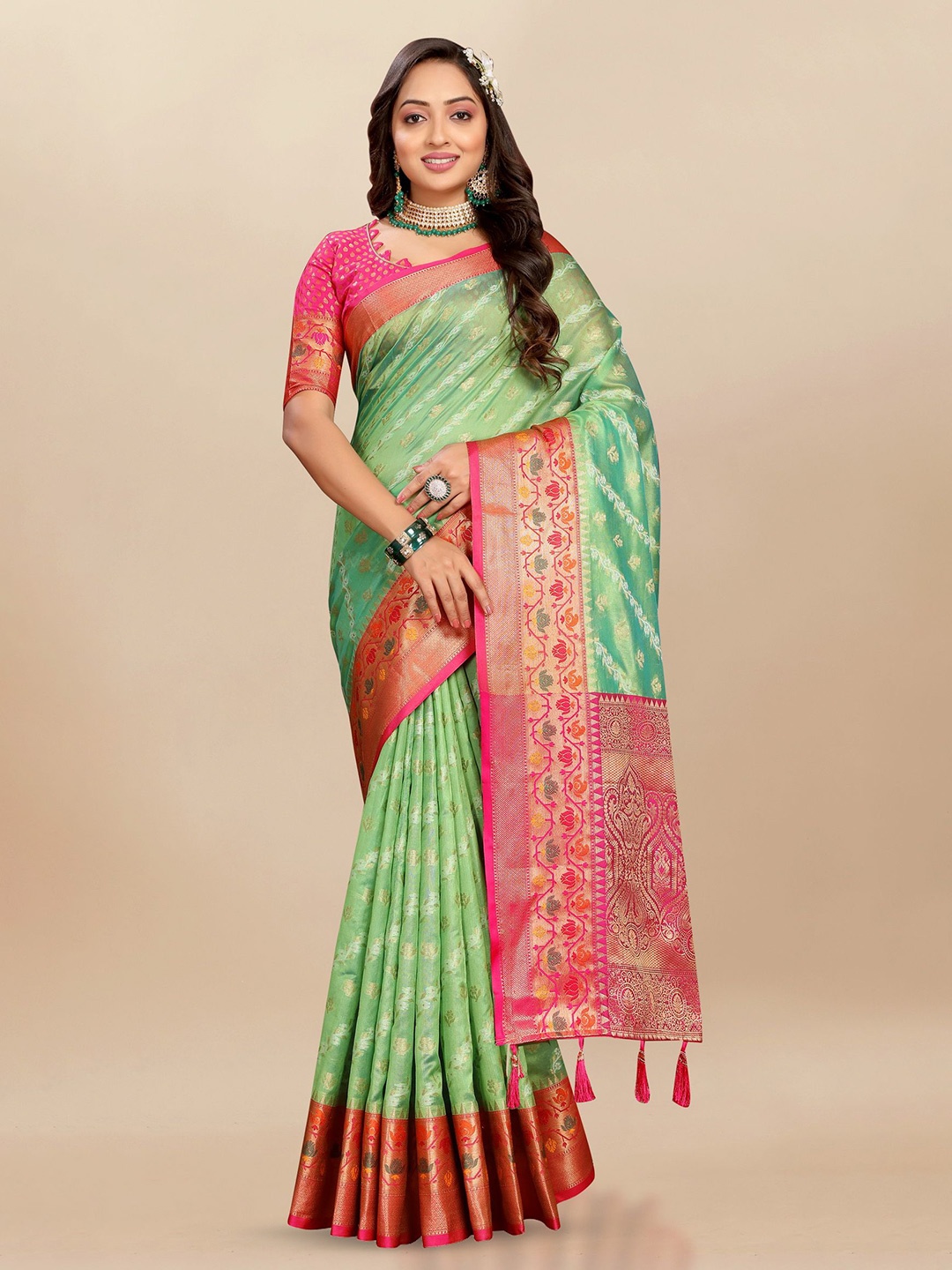 

Ekta Textiles Woven Design Zari Organza Banarasi Saree, Sea green