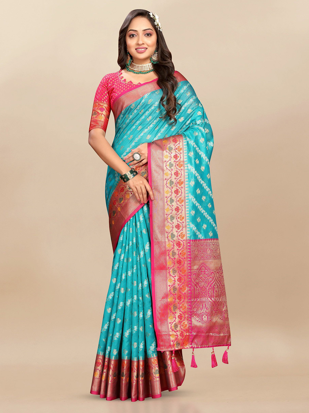 

Ekta Textiles Ethnic Motifs Woven Design Zari Organza Banarasi Saree, Turquoise blue
