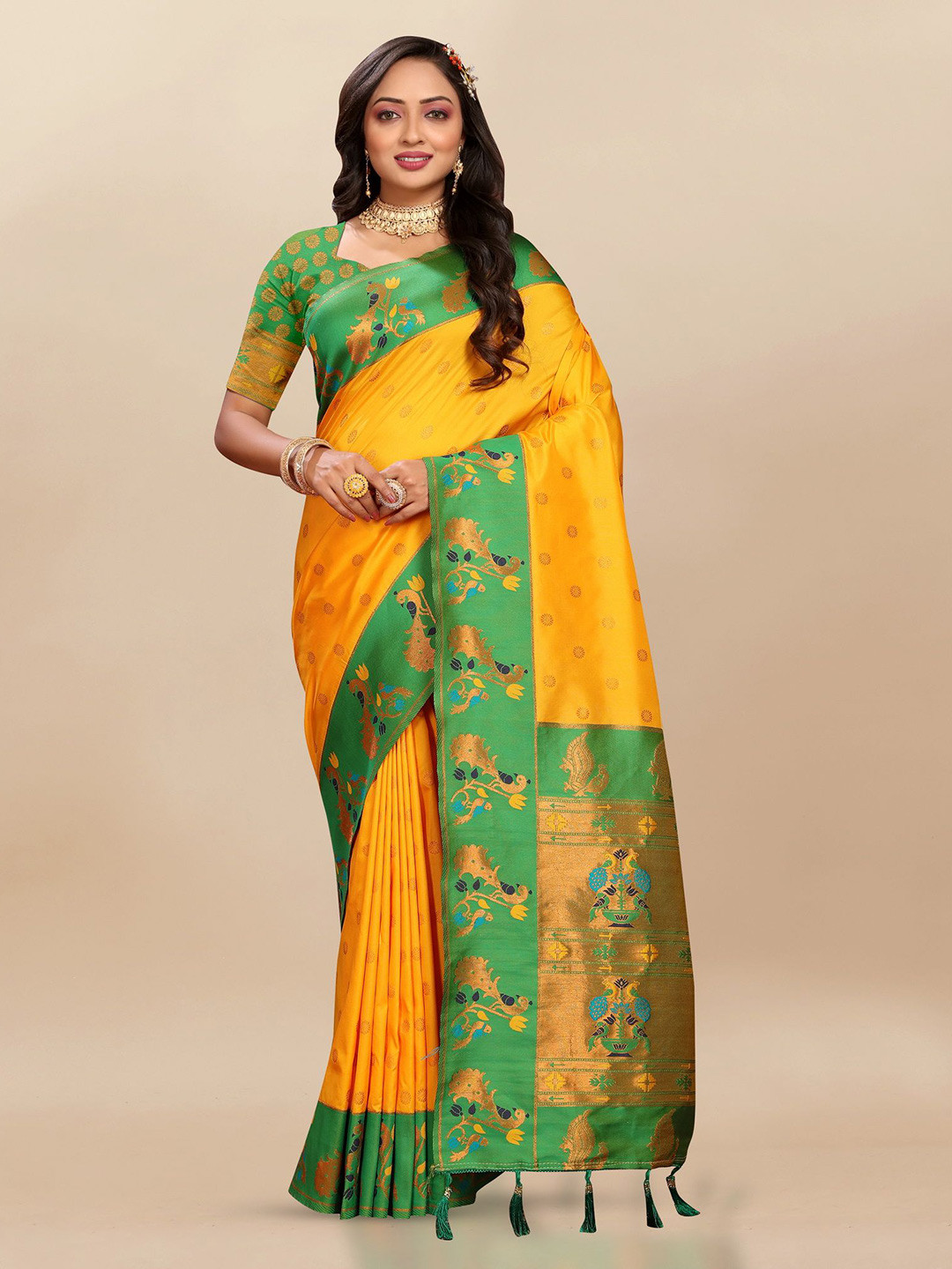 

Ekta Textiles Woven Design Zari Pure Silk Paithani Saree, Yellow