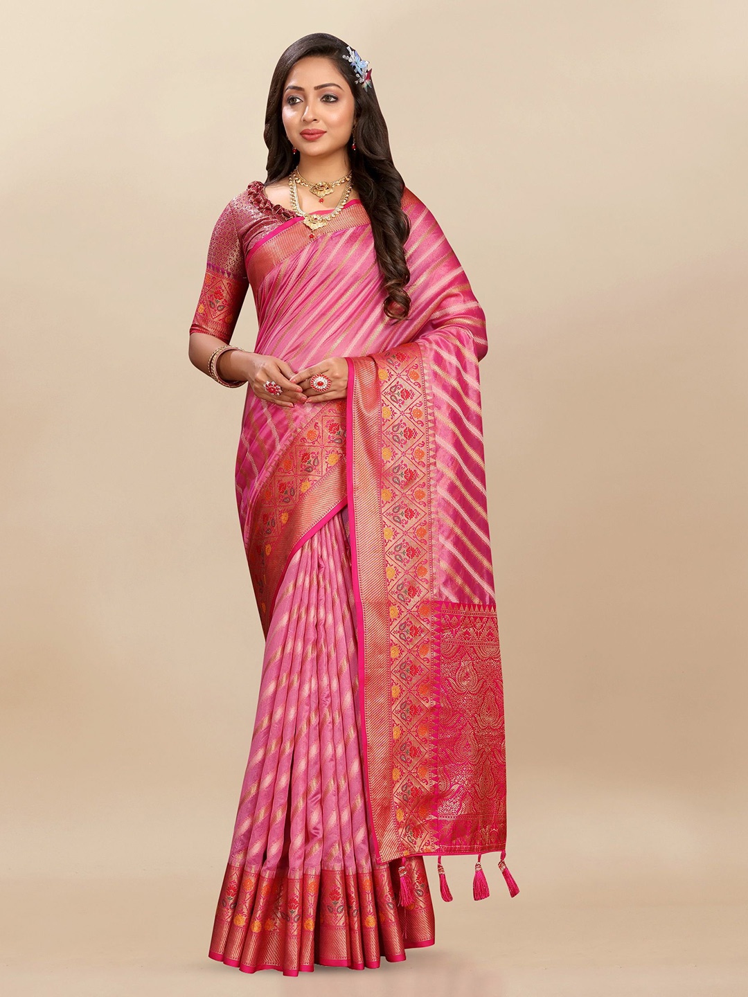 

Ekta Textiles Striped Woven Design Zari Organza Banarasi Saree, Pink